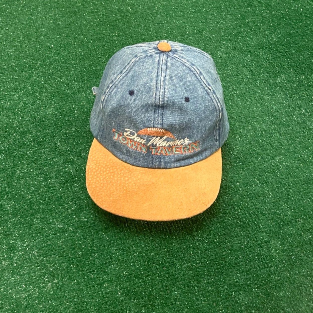 Denime VINTAGE Dan Marinos Town Tavern Miami Dolphins Football Denim Strapback Hat Mens One Size Blue Adjustable 90s Sports Hip Hop Baseball Cap Size ONE SIZE - 5 Thumbnail