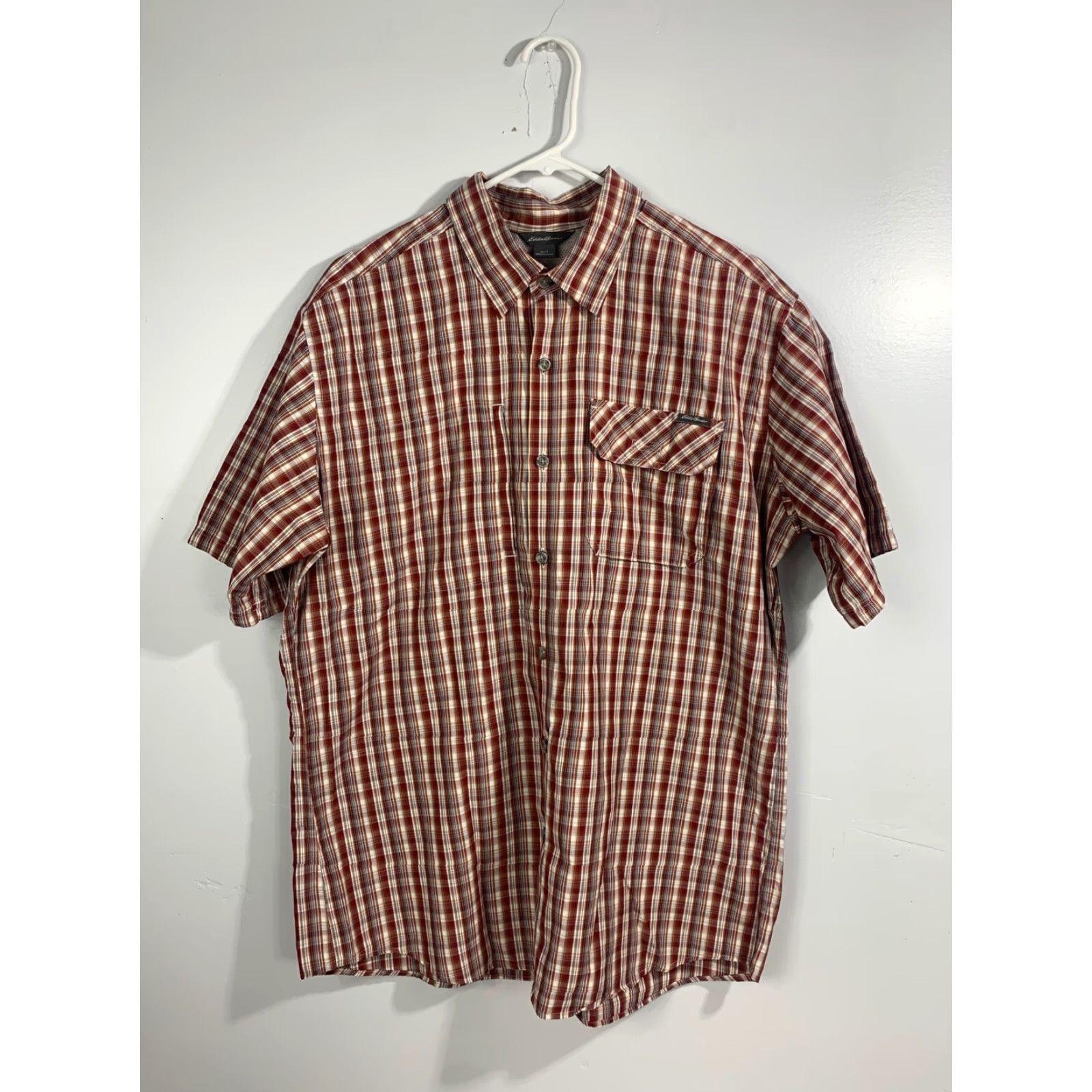 Eddie Bauer Eddie Bauer Men's Button-Up Shirt Plaid Short Sleeve Nylon Red Brown Orange Color Size Large Size US L / EU 52-54 / 3 - 2 Thumbnail