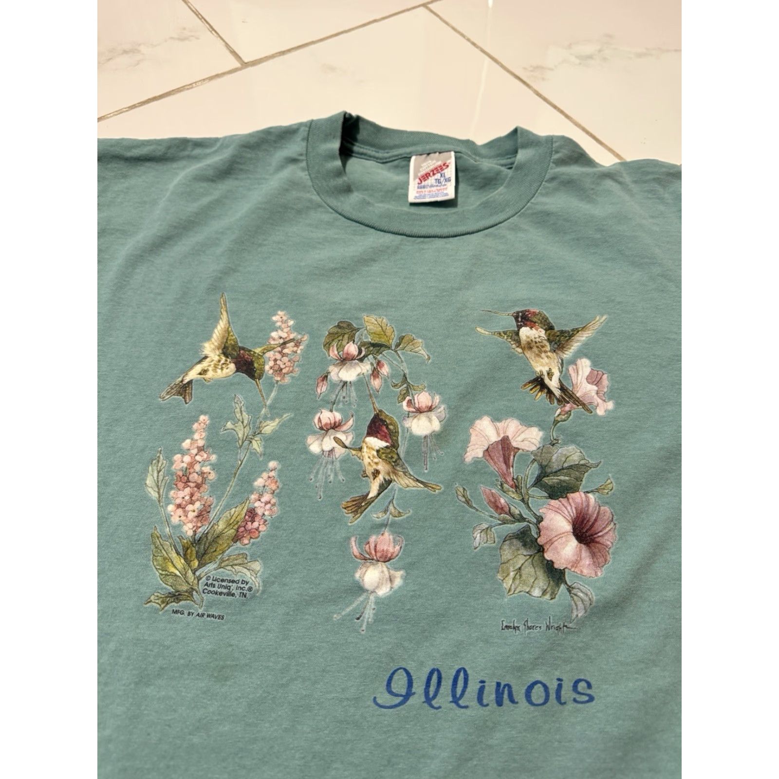 Jerzees VINTAGE 90s Birds Art Nature Flower Cute Illinois Teal Blue T-Shirt XL Jerzees Unisex Adults Blue Nature Shirt XL Size US XL / EU 56 / 4 - 4 Thumbnail
