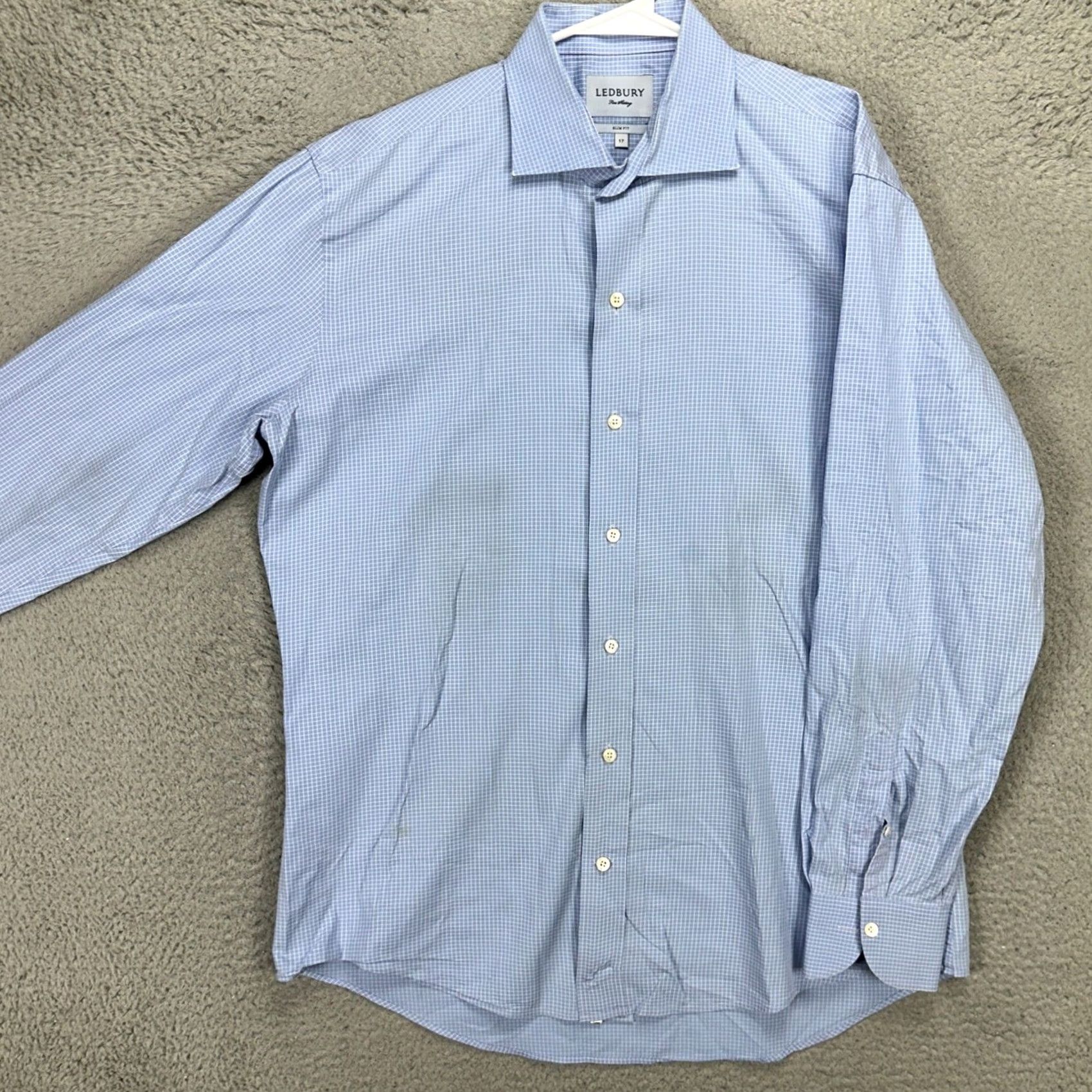 Vintage Ledbury Dress Shirt 17 Blue White Grid Check Slim Fit Button Up Long Sleeve Mens Size 46R - 2 Thumbnail