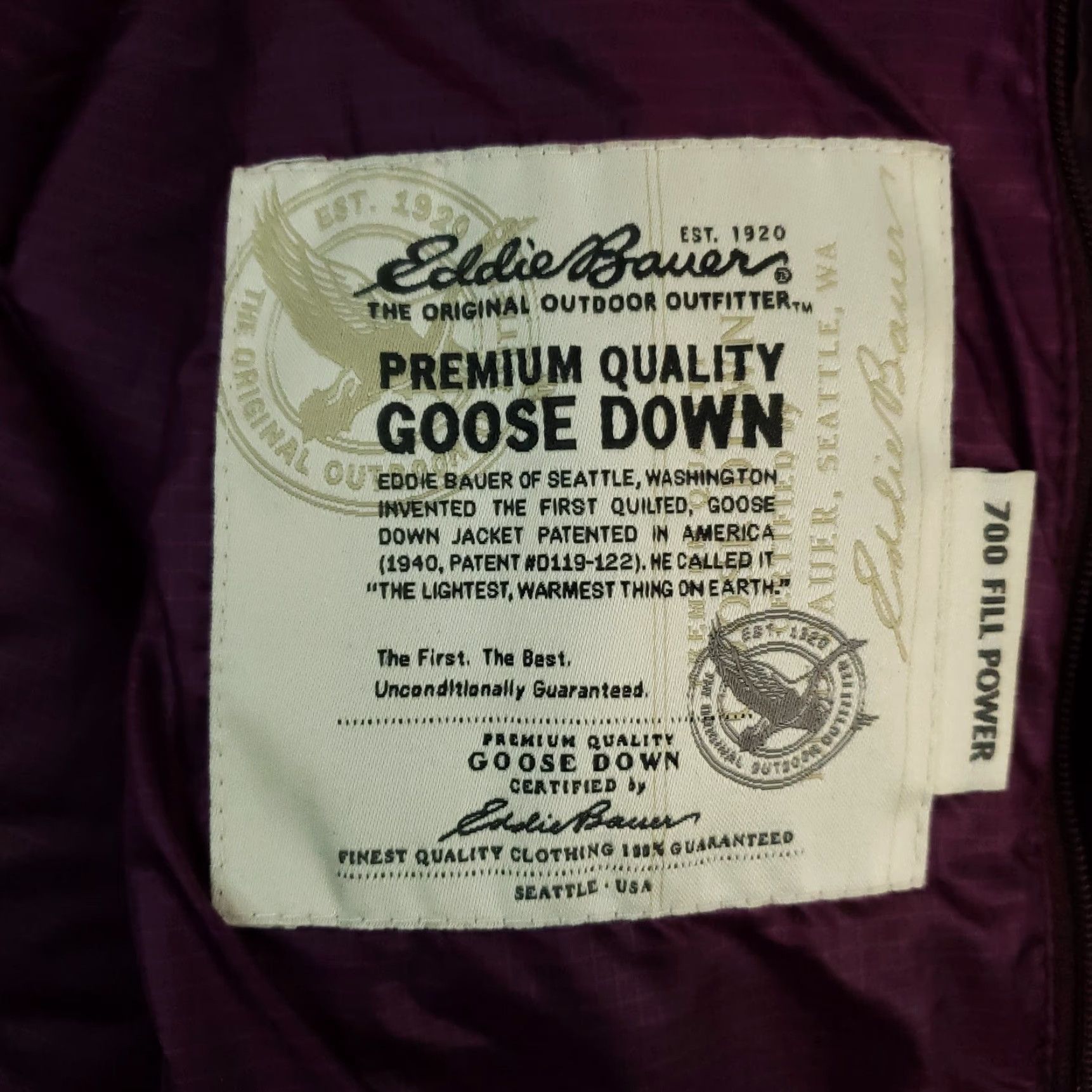 Eddie Bauer Jacket Women Medium Purple Down Puffer Full Zip Mock Neck Winter 700