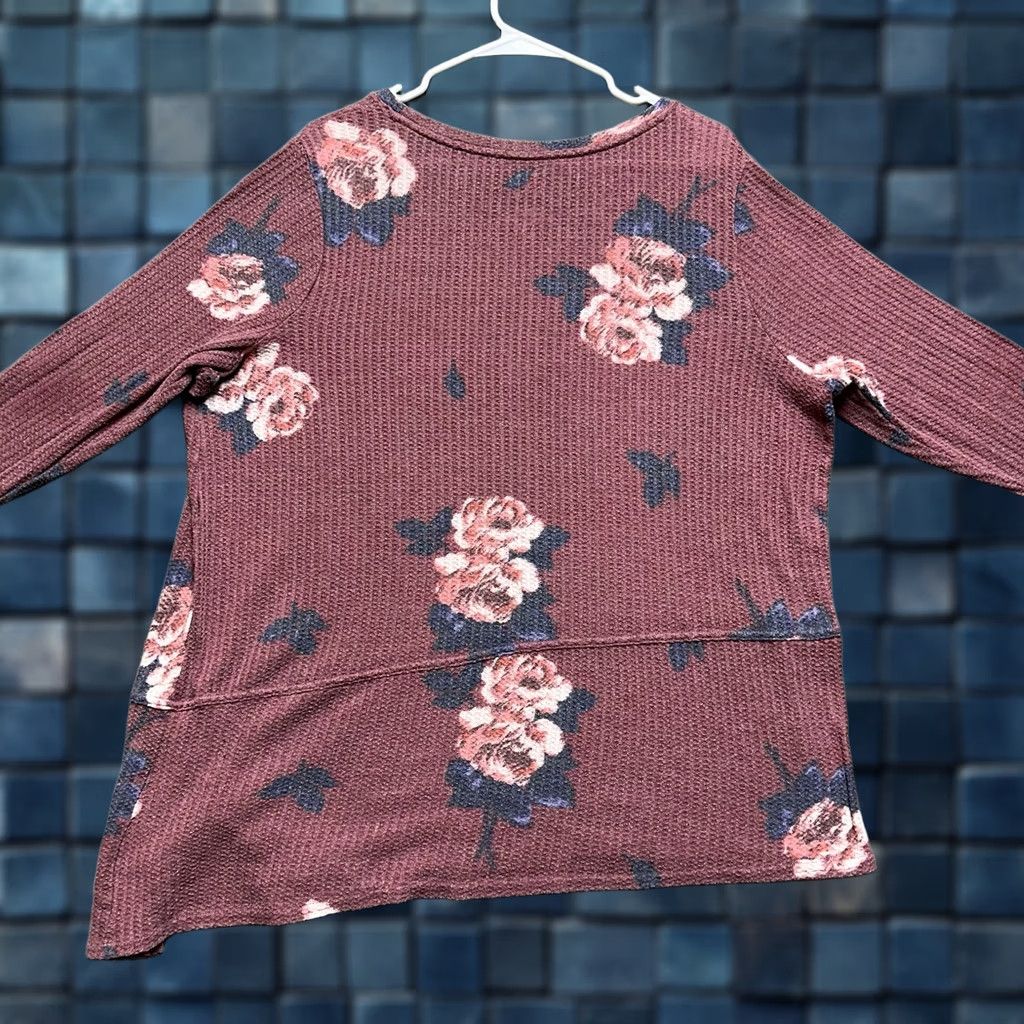 Vintage Maurices T-Shirt Womens 2XL Mauve Floral Print Waffle Knit Thermal Casual Side Slit Long Sleeve Round Neck Pullover Fall Winter Spring Size XXL / US 16-18 / IT 52-54 - 1 Thumbnail