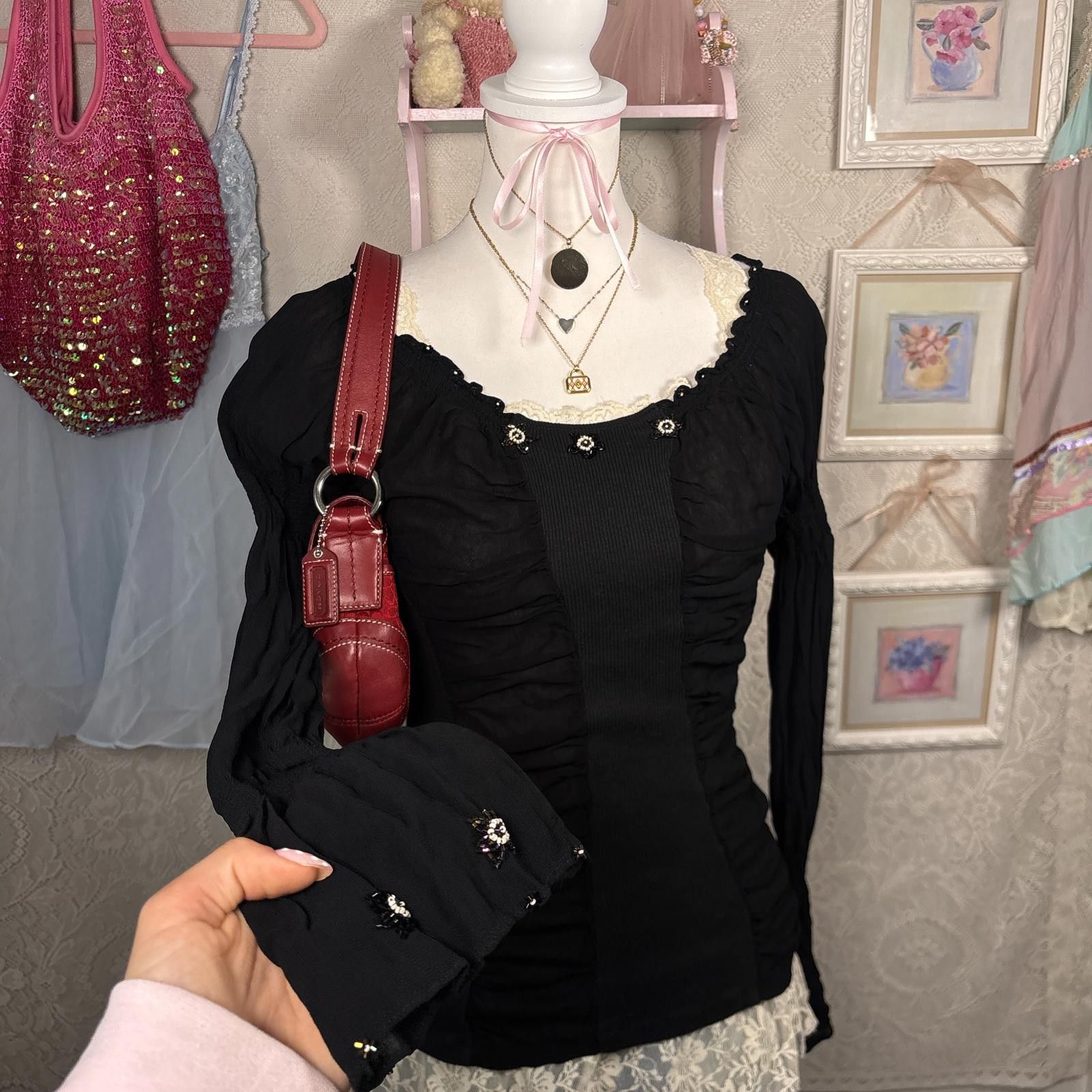 Other vintage euro silky beaded flowy blouse Size L / US 10 / IT 46 - 1 Thumbnail