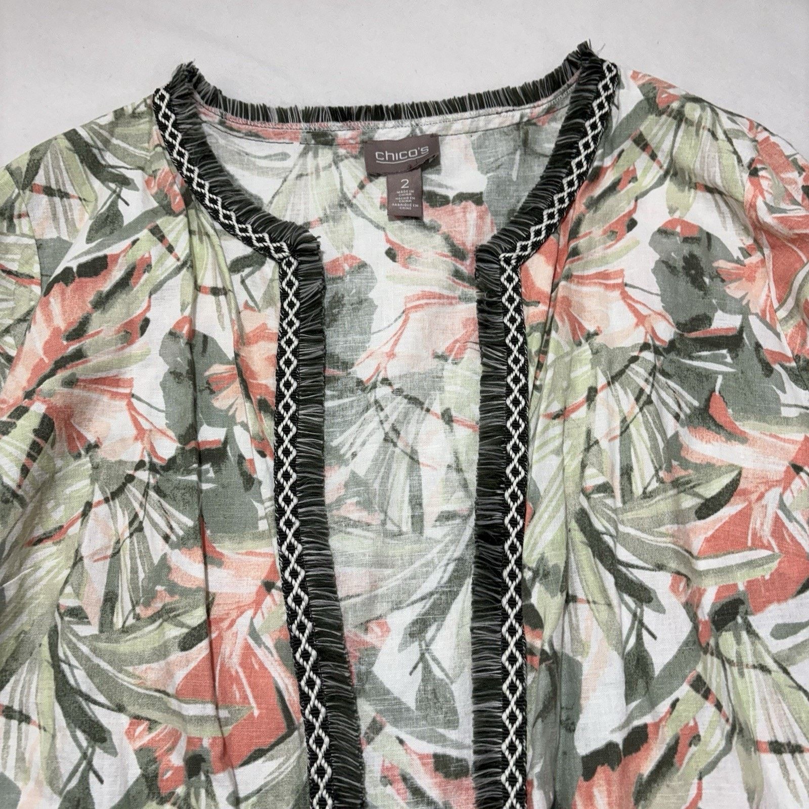 Chicos Chico's Large Open Front Fringe Cardigan Linen Blend Floral Size L / US 10 / IT 46 - 2 Thumbnail