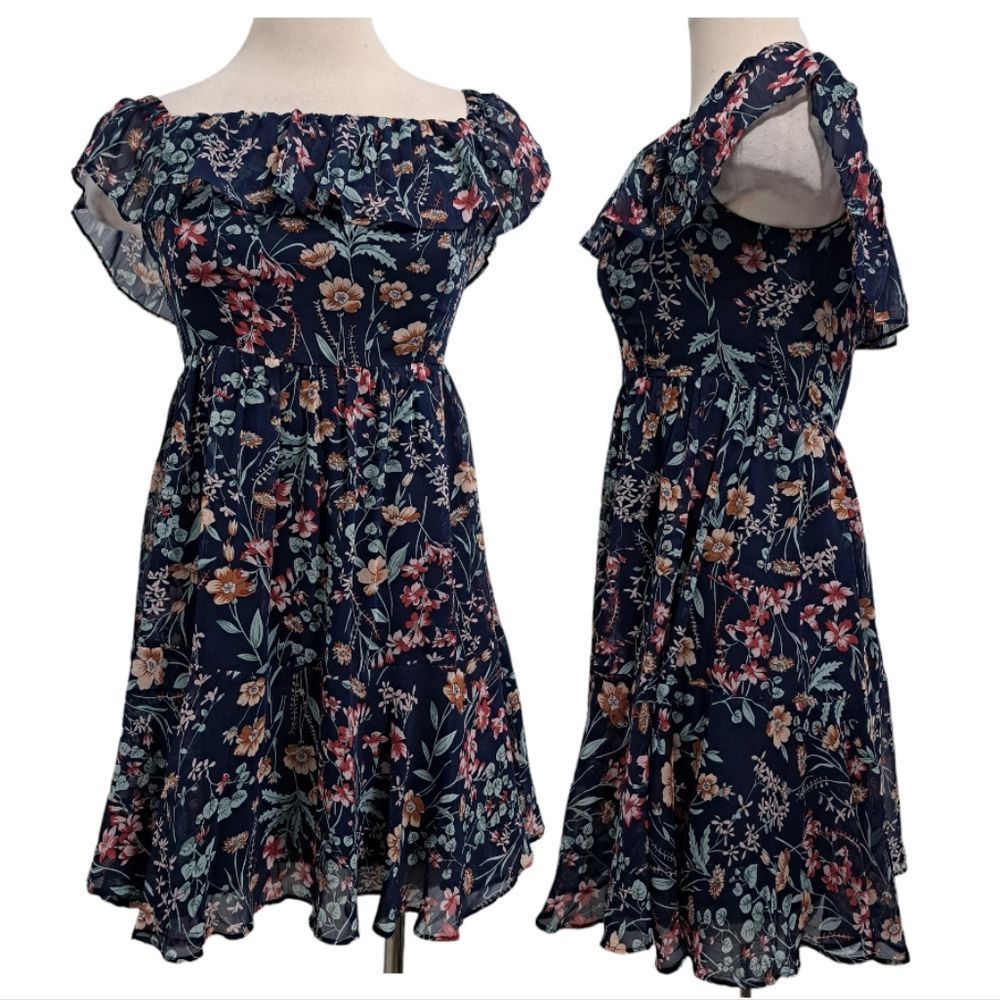 Other Lulu's Floral Print My Favorite Off The Shoulder Dress Navy Size S / US 4 / IT 40 - 2 Thumbnail