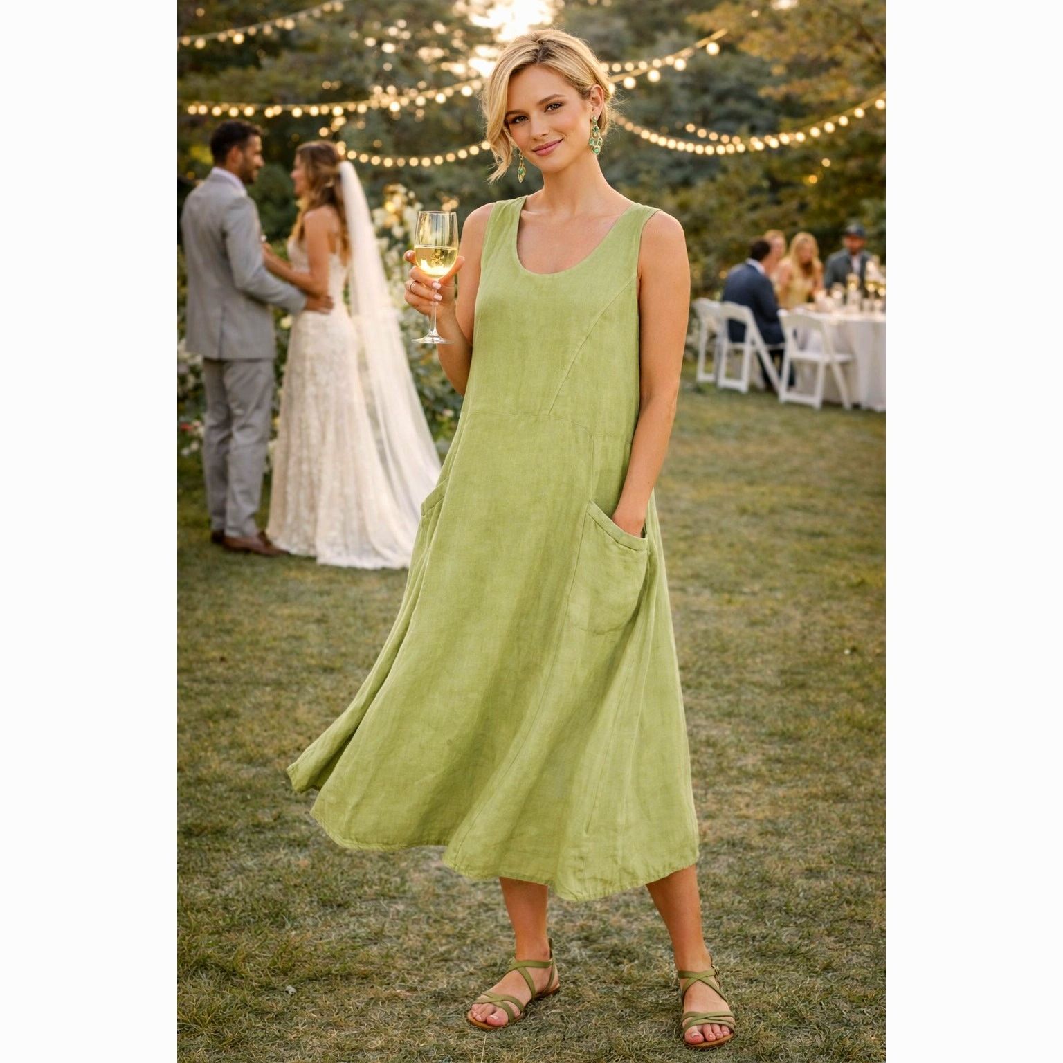 Other Sleeveless 100% Cotton Midi Dress Pockets Light Green 14 Size XL / US 12-14 / IT 48-50 - 1 Thumbnail