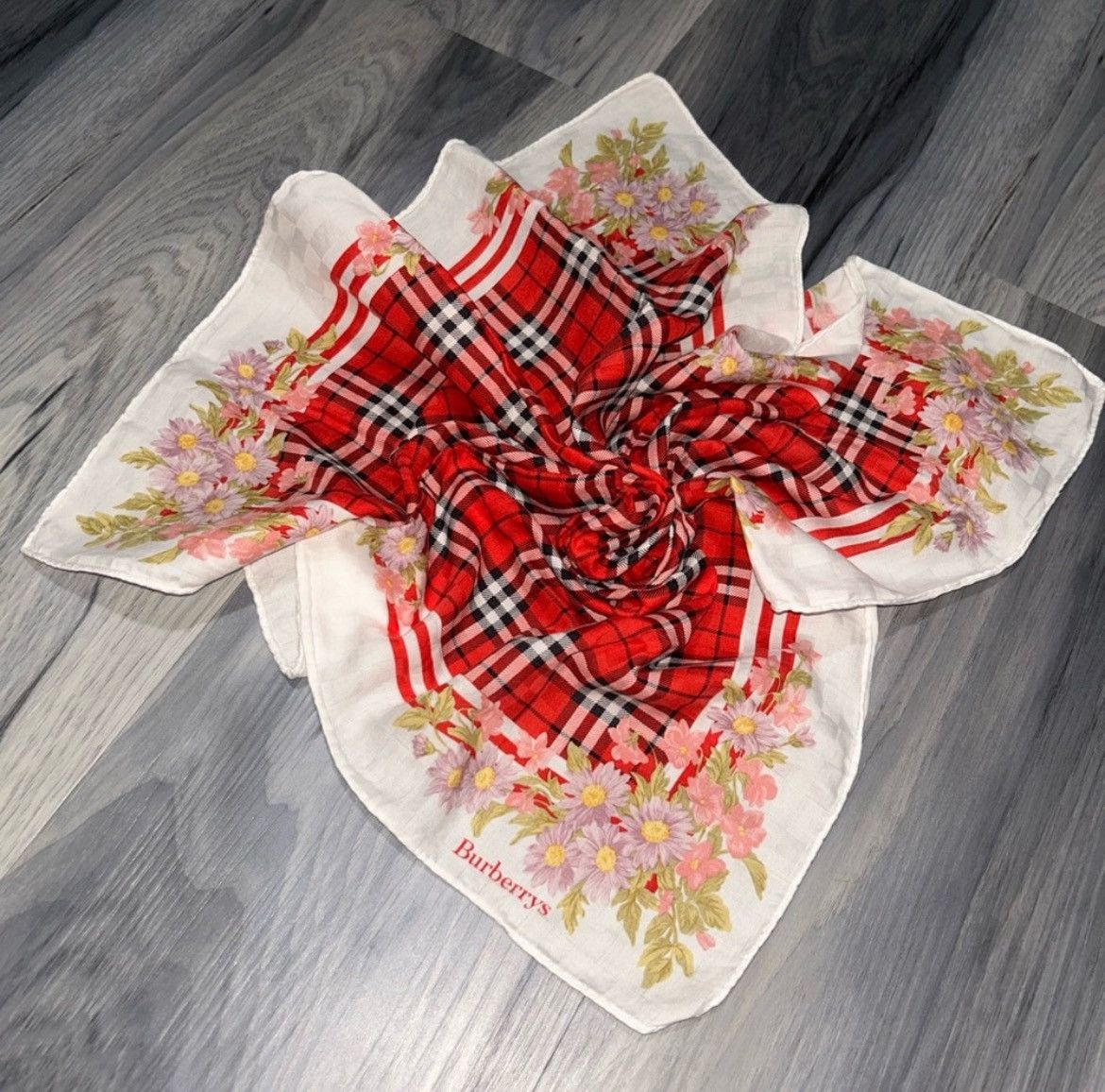 Burberry Red Nova Check White Floral Cotton Handkerchief