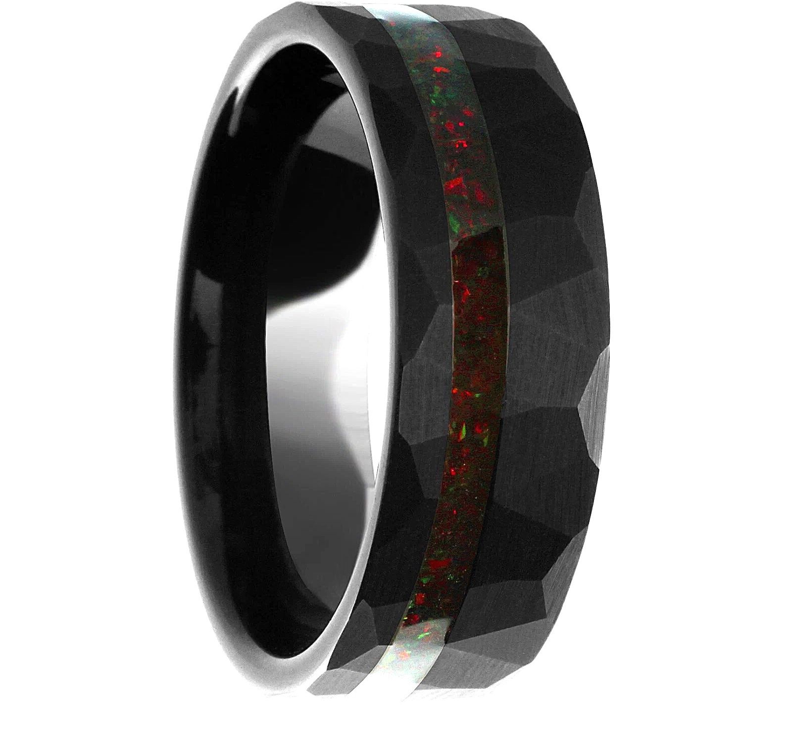 Other Black Faceted Tungsten Ring w/ Red Opal Off-Center Stripe Size ONE SIZE - 2 Thumbnail