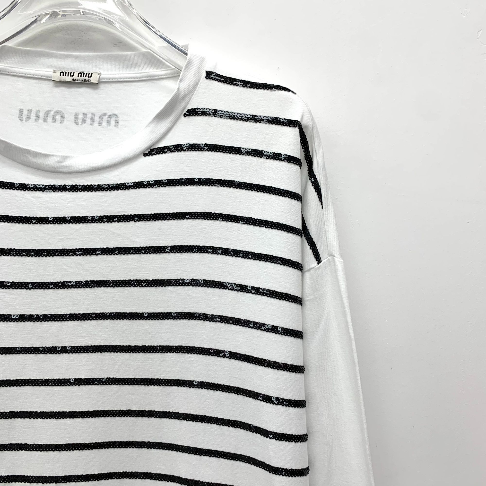 Miu Miu Miu Miu White & Black Striped Cotton Round-Neck Long-Sleeved Size L / US 10 / IT 46 - 7 Thumbnail