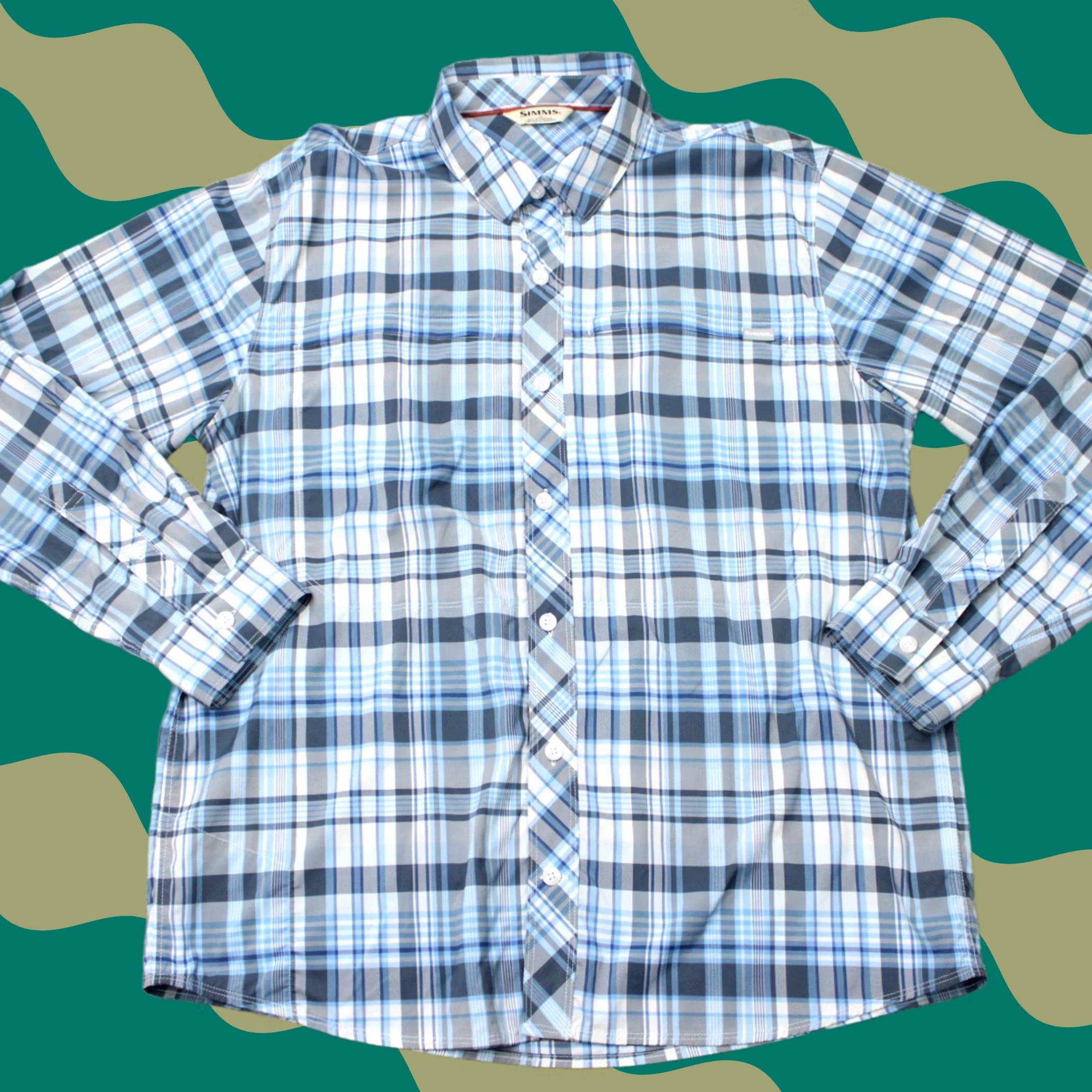 Vintage Simms Shirt Mens Large Blue Plaid Brrr Nylon Stretch Button-Up Long Sleeve Fishing Shirt Size US L / EU 52-54 / 3 - 1 Thumbnail