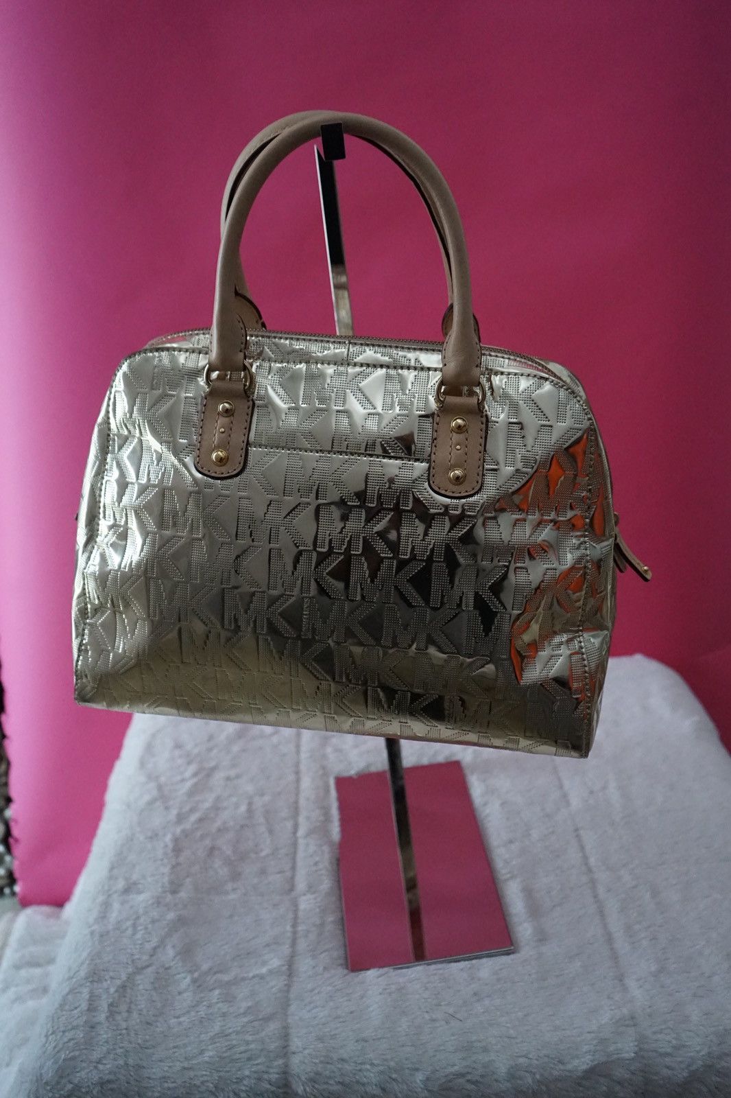 Michael Kors MICHAEL KORS Metallic Gold Mirror MK Logo Embossed Satchel Size ONE SIZE - 1 Thumbnail