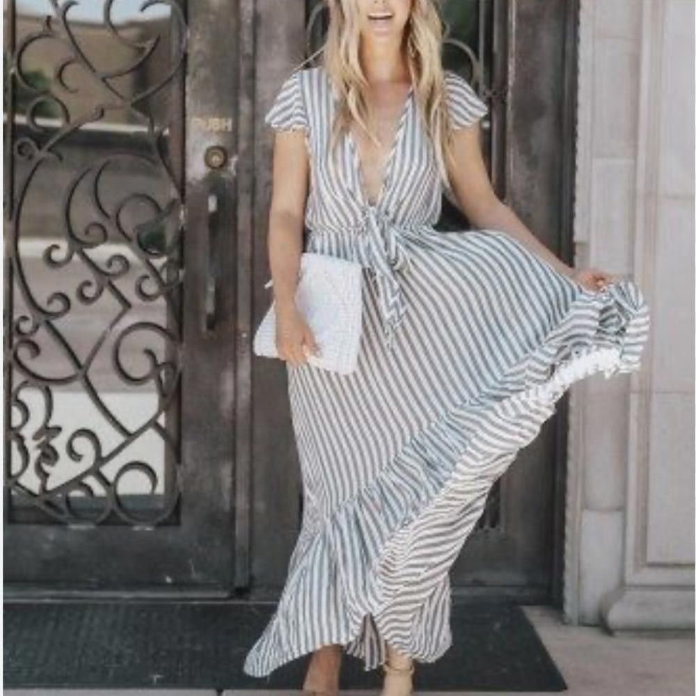 Designer Olivaceous l Striped Low Plunge High Low Dress Small Size S / US 4 / IT 40 - 1 Thumbnail