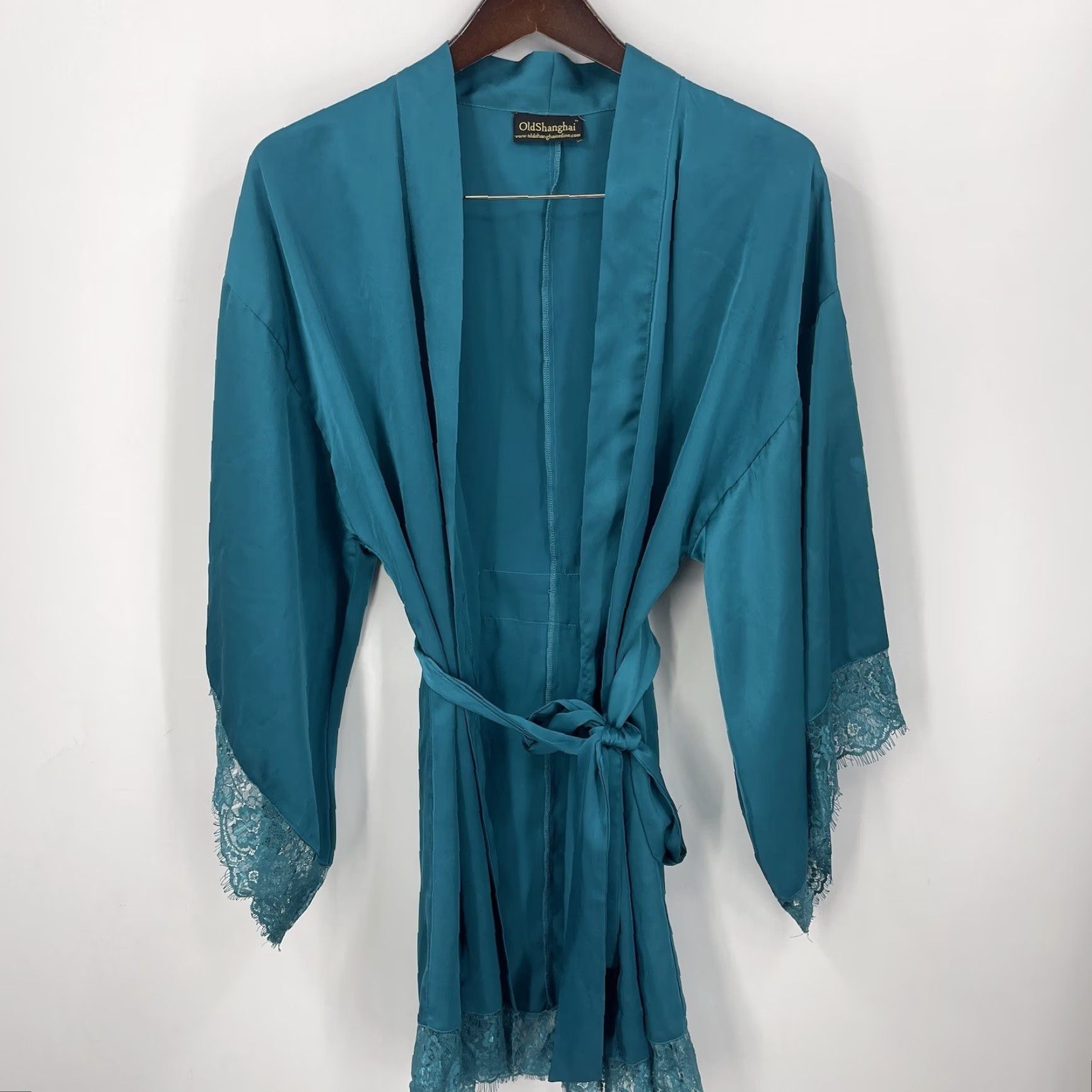 Vintage Old Shanghai Robe Womens Small Green Satin Kimono Lace Trim Tie Boho READ Size ONE SIZE - 2 Thumbnail