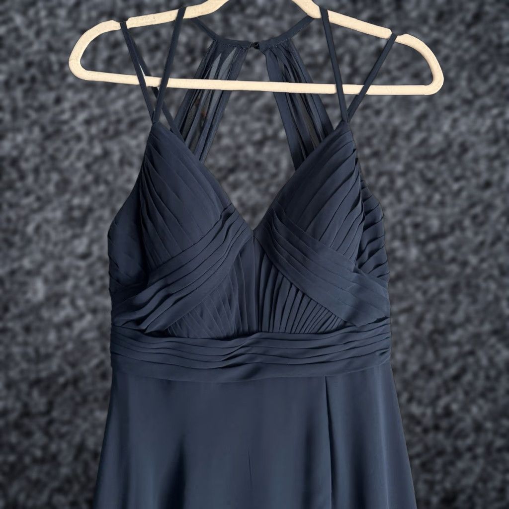 Vintage Azazie Aubrey Navy Dress Gown Bridesmaid Sleeveless Size 6 Navy 100% polyester Womens Gown Size ONE SIZE - 1 Thumbnail