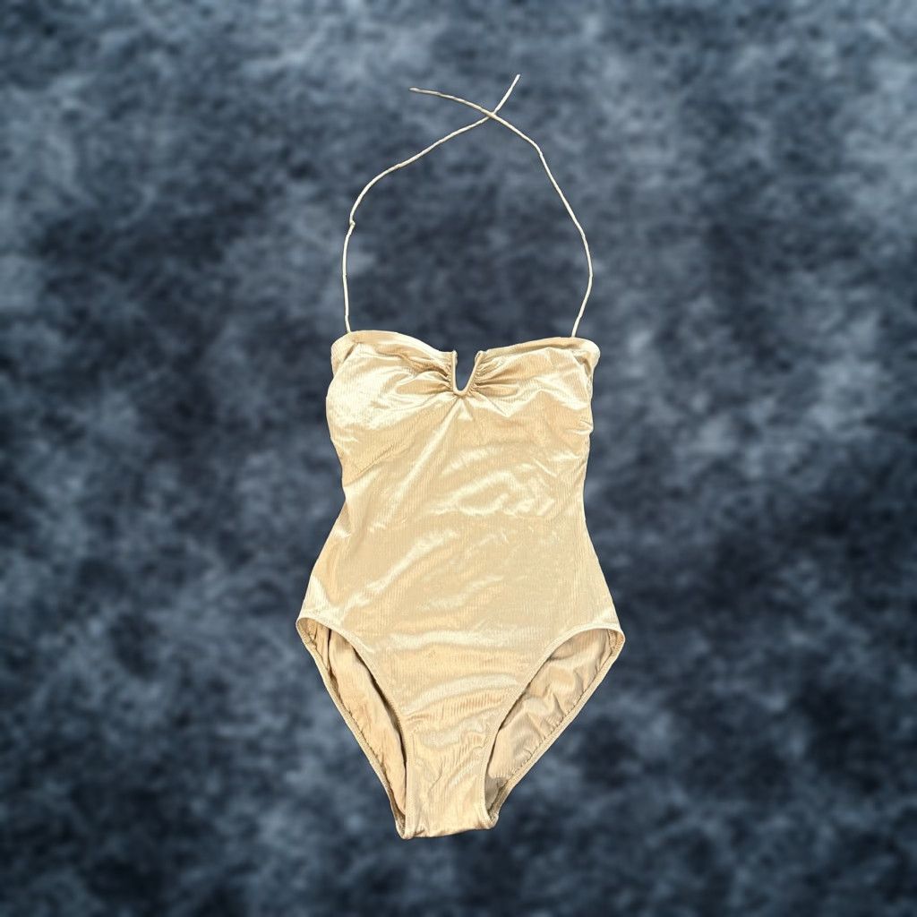 Saks Fifth Avenue VINTAGE Saks Fifth Avenue One Piece Swimsuit Womens Size 8 Gold Metallic Halter Swimsuit Womens Gold Halter 8 Size ONE SIZE - 1 Thumbnail