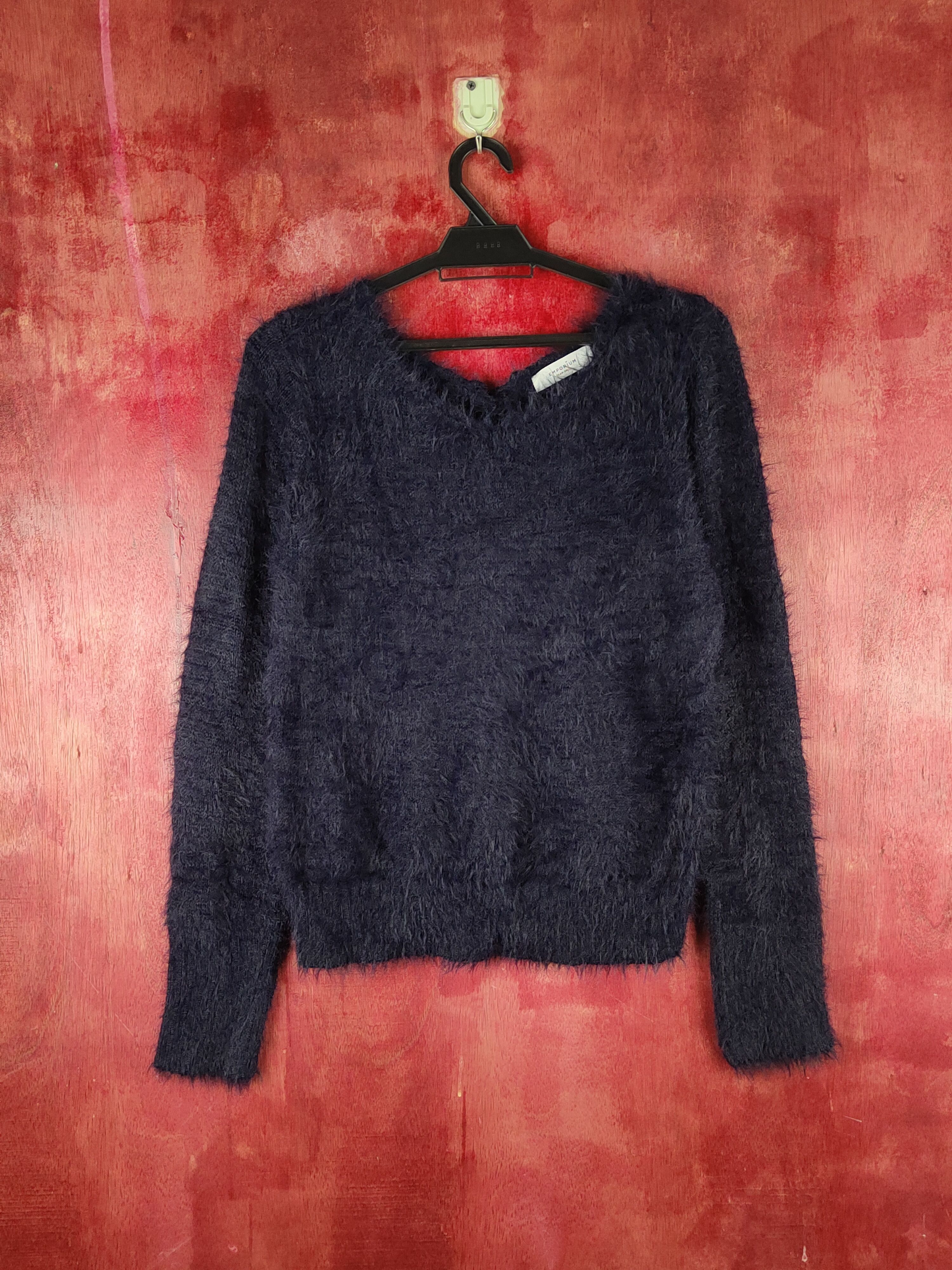 image of Bare Knitwear x Homespun Knitwear Emporium Navy Shag Shaggy Fur Mohair Knitwear S2168 in Navy Blue,