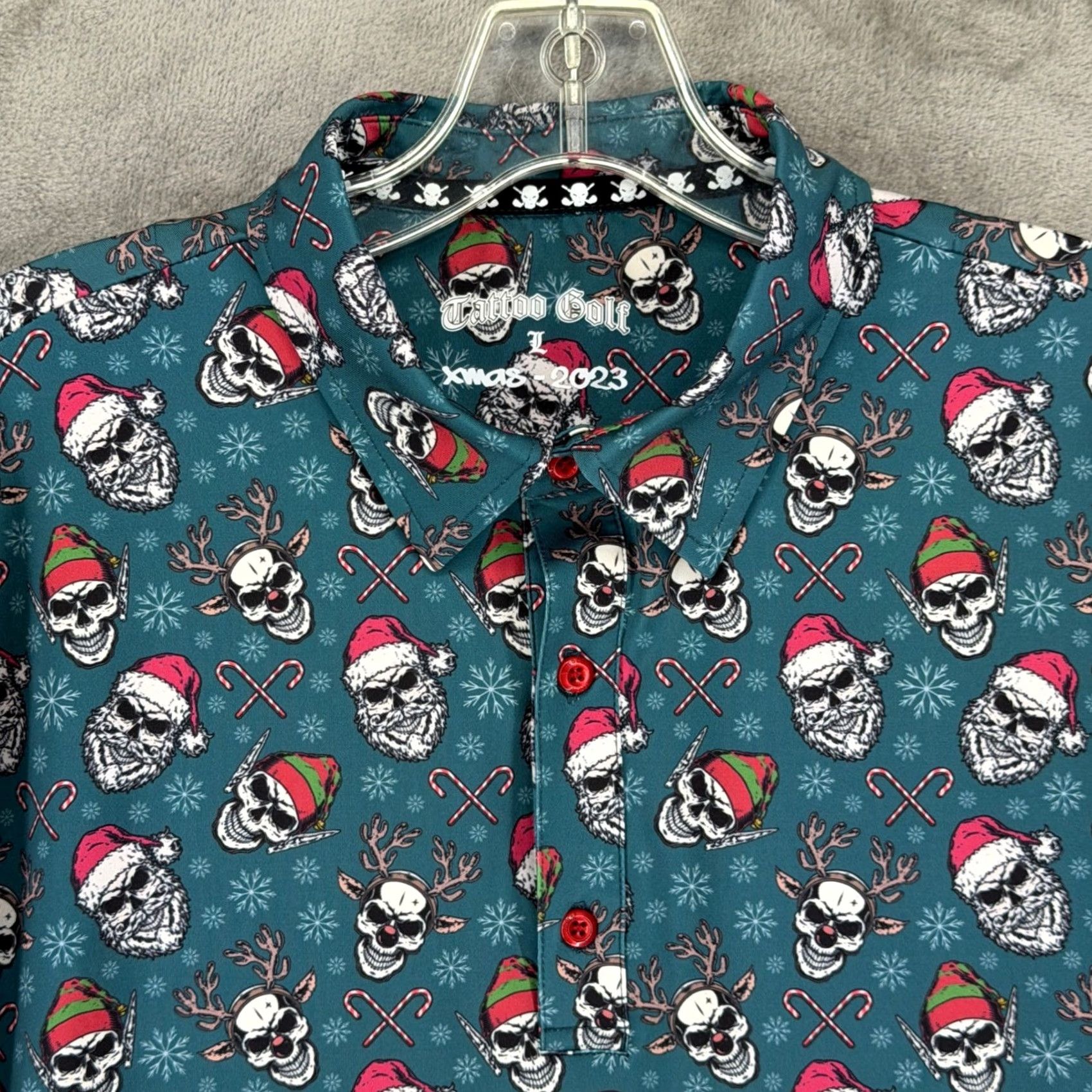 Vintage Tattoo Golf Mens Xmas 2023 Polo Shirt Teal Green L Stretch Short Sleeve Christmas Skulls Golf Shirt Mens Size US L / EU 52-54 / 3 - 2 Thumbnail
