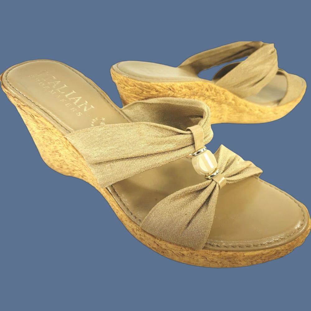 Vintage ITALIAN Shoemaker Gold Metallic Skin Tone Wedge Slide Sandal Womens 8M ITALY Size US 8 / IT 38 - 1 Thumbnail