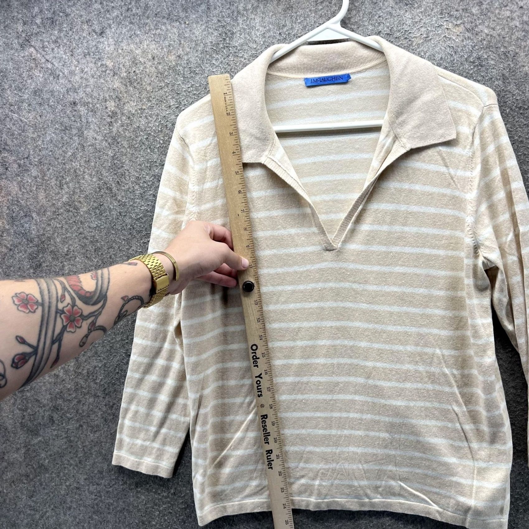 J.McLaughlin J. McLaughlin Polo Shirt Womens Medium Beige Stripe 3/4 Sleeve Collared Top Size M / US 6-8 / IT 42-44 - 6 Thumbnail