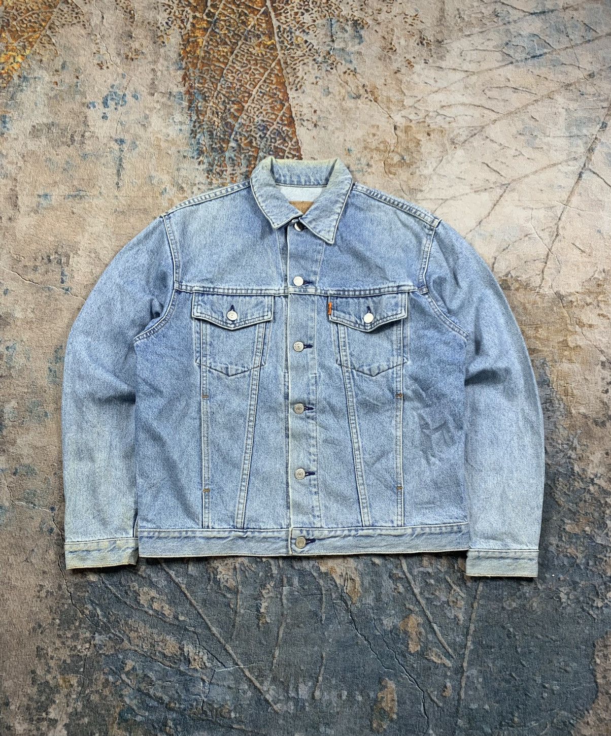 image of Distressed Denim x Levis Distressed Trucker Denim Jacket Orange Tab in Blue, Men's (Size Large)