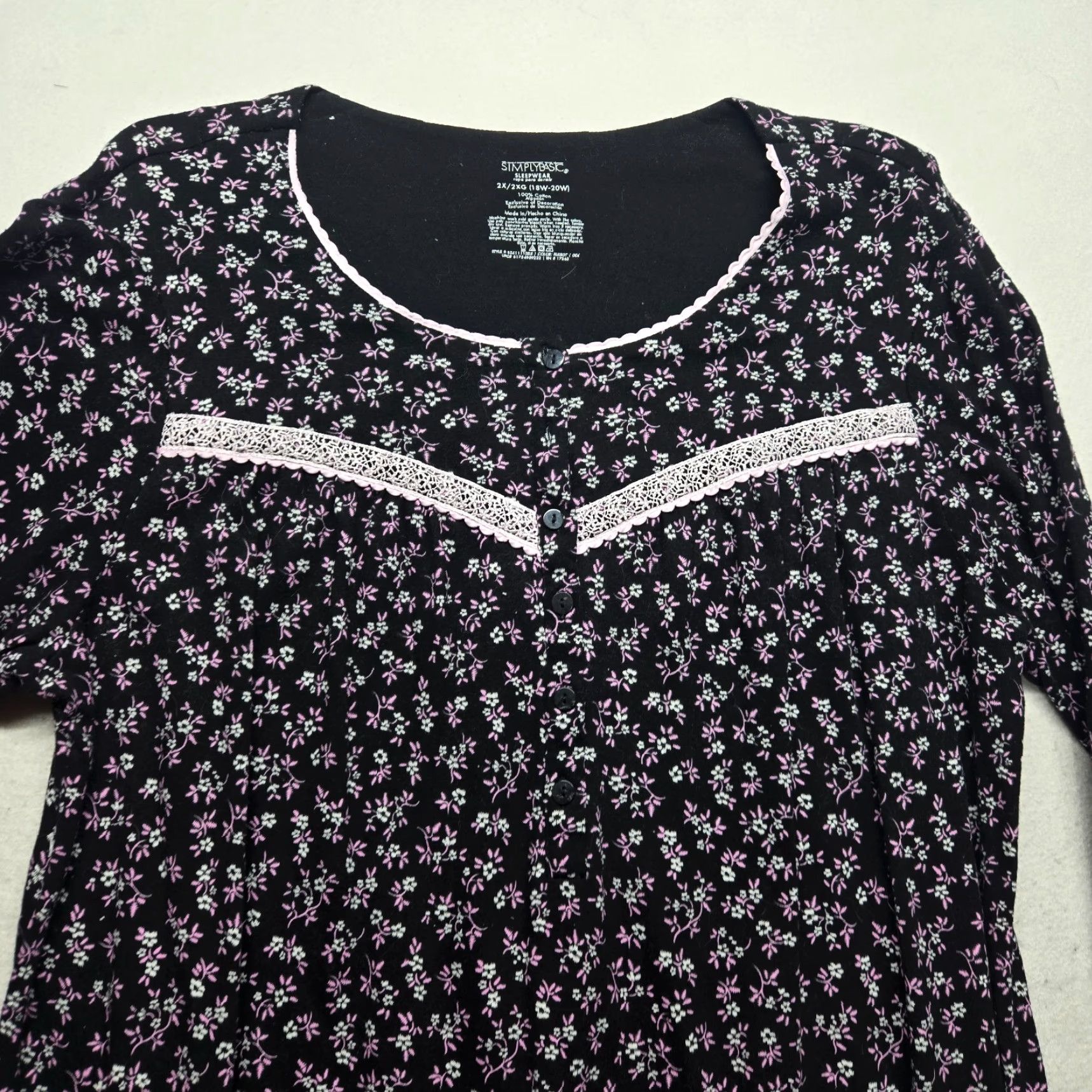 Vintage Simply Basic Nightgown Blue Flowers Floral Rose Lace Short Sleeve Sleepwear 2X Size 40" / US 18 - 2 Thumbnail