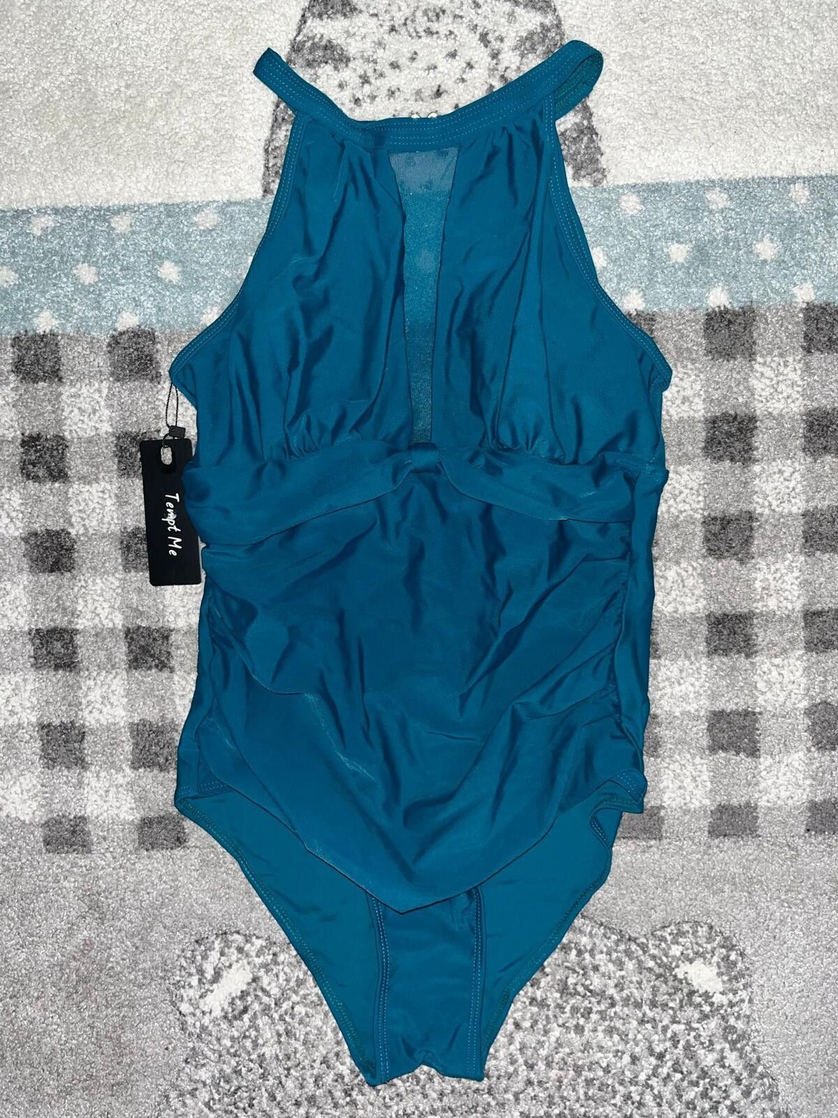 Other Chic Tummy Control High Neck Mesh One Piece Swimsuit Teal Size ONE SIZE - 6 Thumbnail