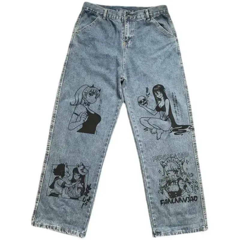 Japanese Brand Unisex jeans graffiti print Korean American hip-hop style Size US 32 / EU 48 - 4 Thumbnail