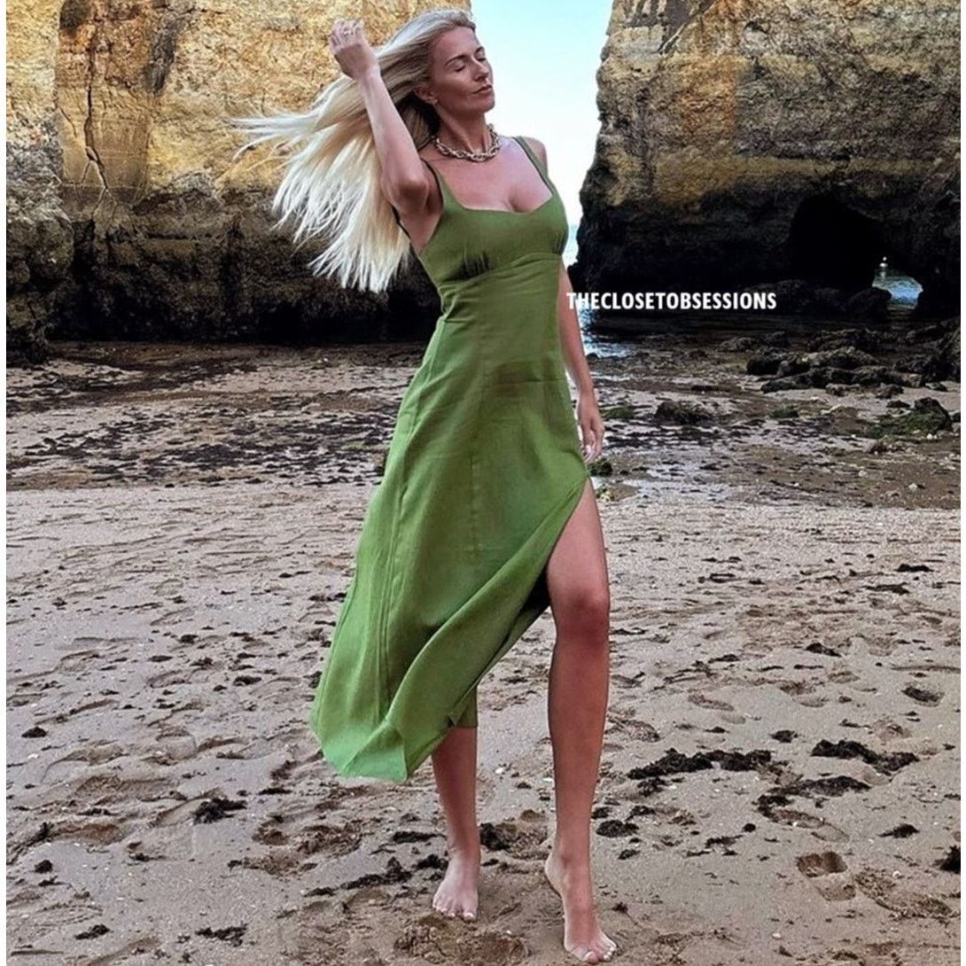 zara green linen midi dress Blend Front Slit NWT ClothingOccasion: night_out