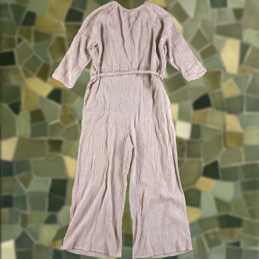 Vintage World Market Jumpsuit Women's Stripe 100% Cotton V-Neck Wide-Leg L-XL Brown Pattern Striped Pocket 50s 60s 70s 80s 90s Clothing Distressed Vintage Size 36" / US 14 / IT 50 - 1 Thumbnail