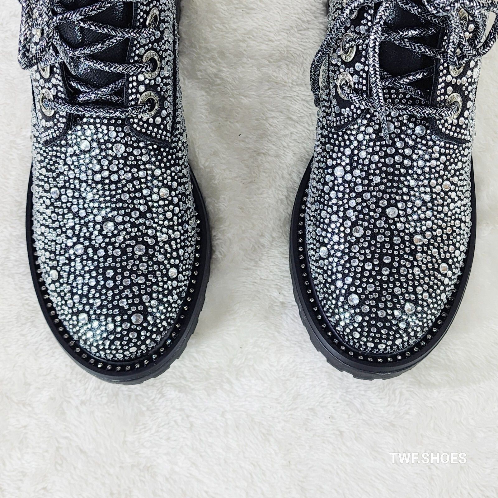 Other Wonder Sparkling Rhinestone Combat Ankle Boots Metallic Blac Size US 5 / IT 35 - 2 Thumbnail