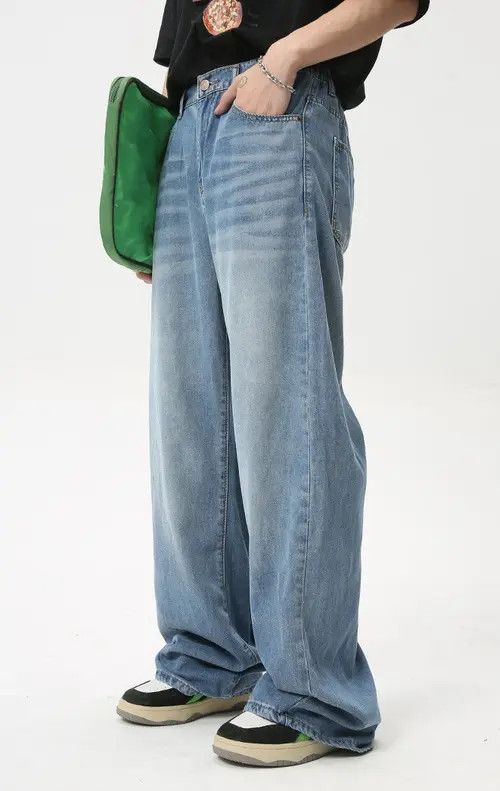 Handmade × Japanese Brand × Jean Pants Light blue loose washed straight jeans trend Size US 32 / EU 48 - 2 Thumbnail
