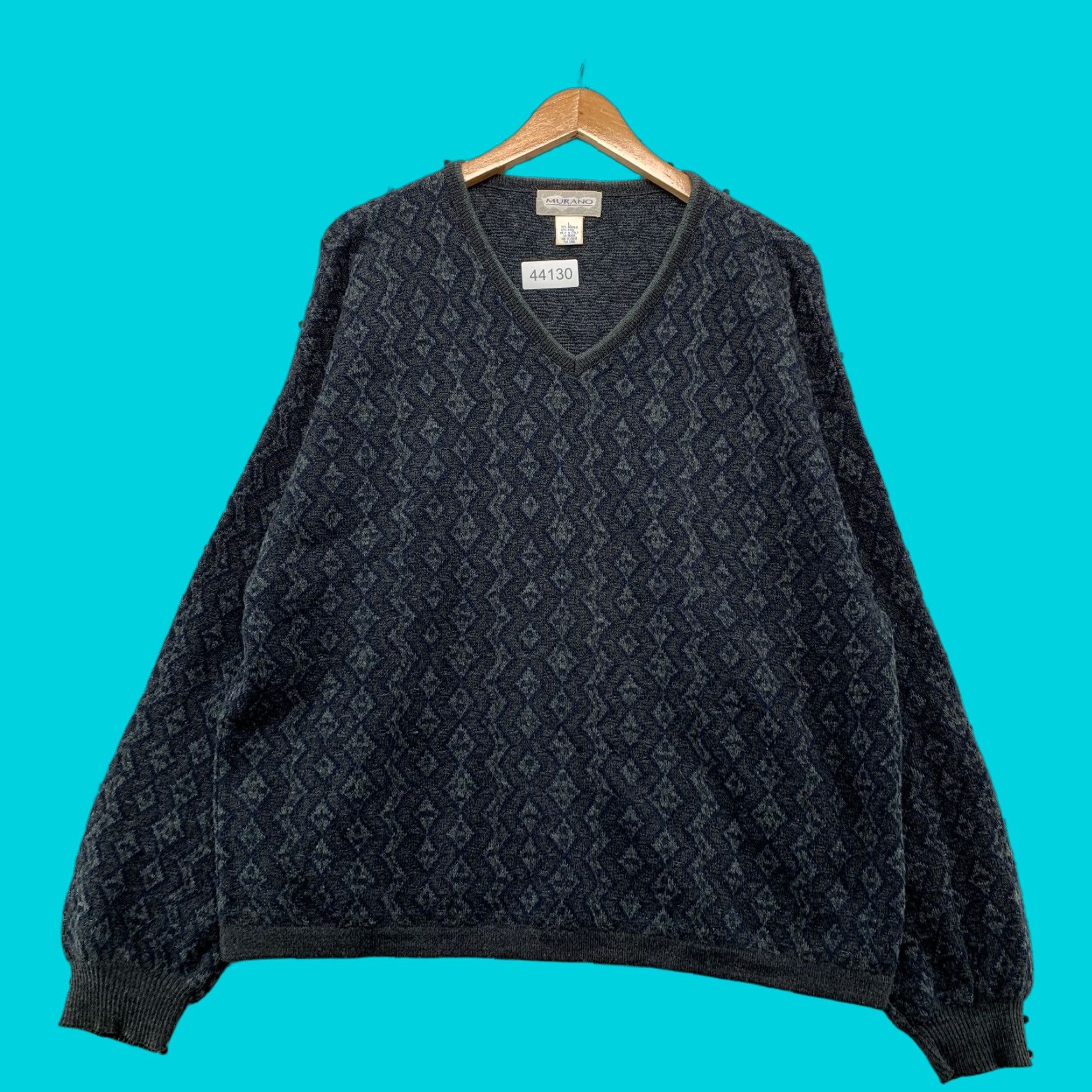 Murano VINTAGE Murano Wool Blend Sweater Mens Large Gray Blue Geometric V Neck Made ITALY Size US L / EU 52-54 / 3 - 1 Thumbnail