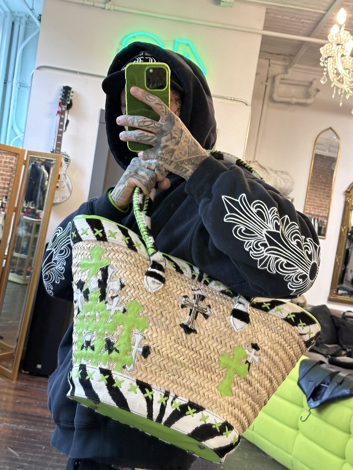 image of Chrome Hearts Xxl Flooded Cross Bag 4G in Lime, Men's
