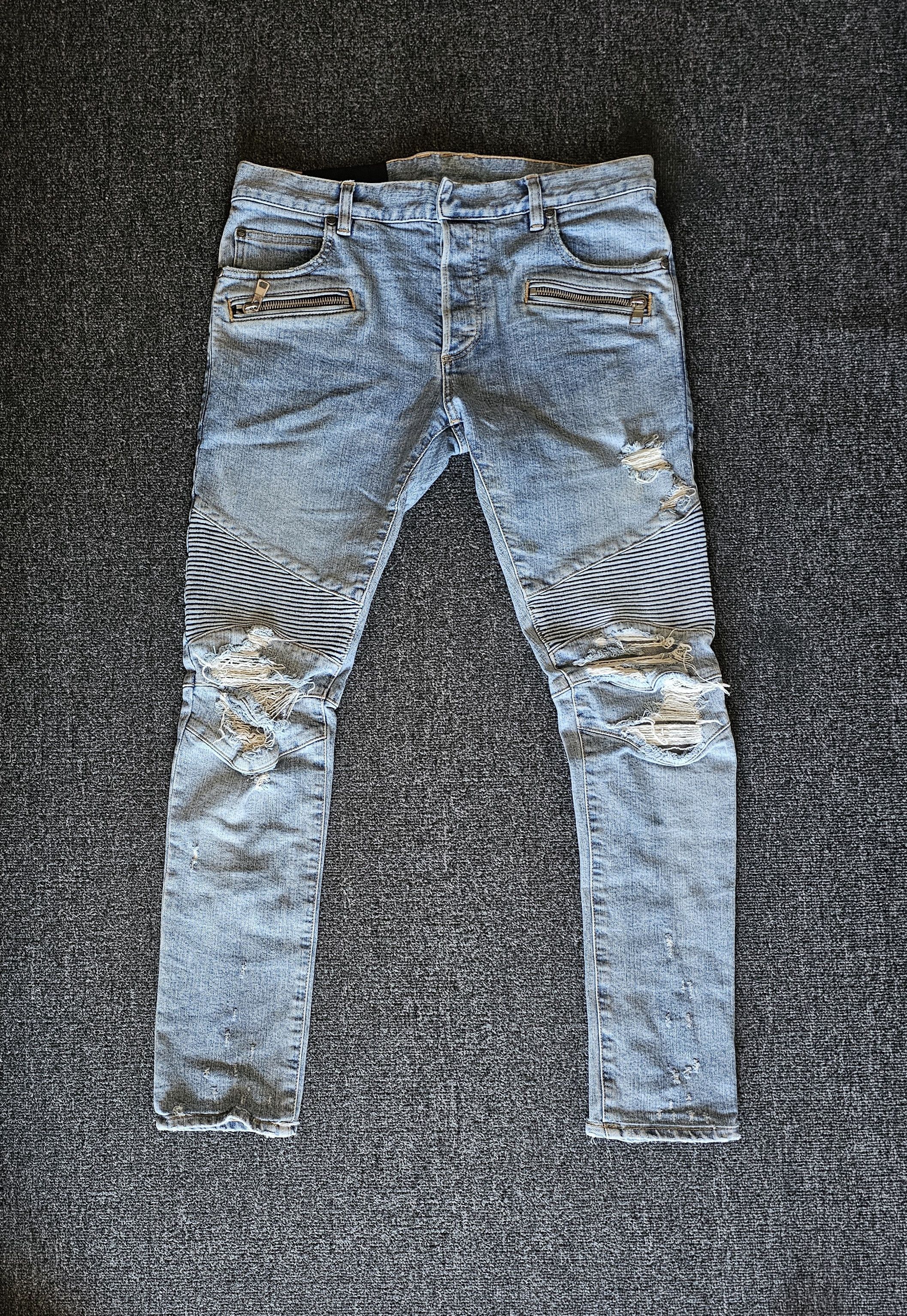 Balmain Men's Rip Blue Biker Jeans Size 32