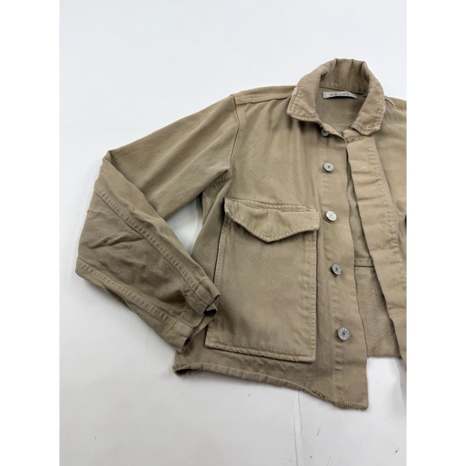 Vintage Trave Jacket Womens Small Beige Jane Cropped Twill Snap Front Utility Chore Size S / US 4 / IT 40 - 2 Thumbnail