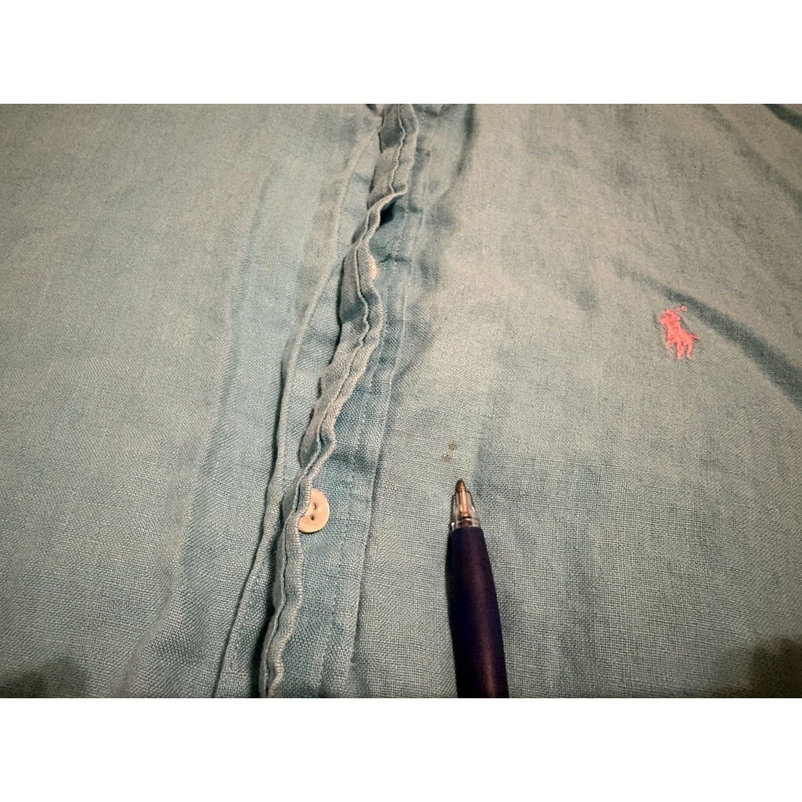 Polo Ralph Lauren VINTAGE Polo Ralph Lauren Short Sleeve Button-Up Shirt Mens Large Blue Linen Stain Flawed Pony Size US L / EU 52-54 / 3 - 3 Thumbnail