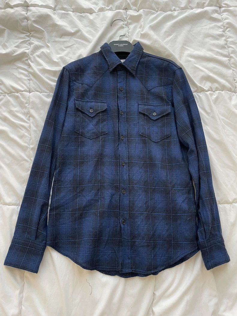 Yves Saint Laurent Saint Laurent 16 FW blue and black wool plaid shirt 2502-N Size US M / EU 48-50 / 2 - 2 Thumbnail