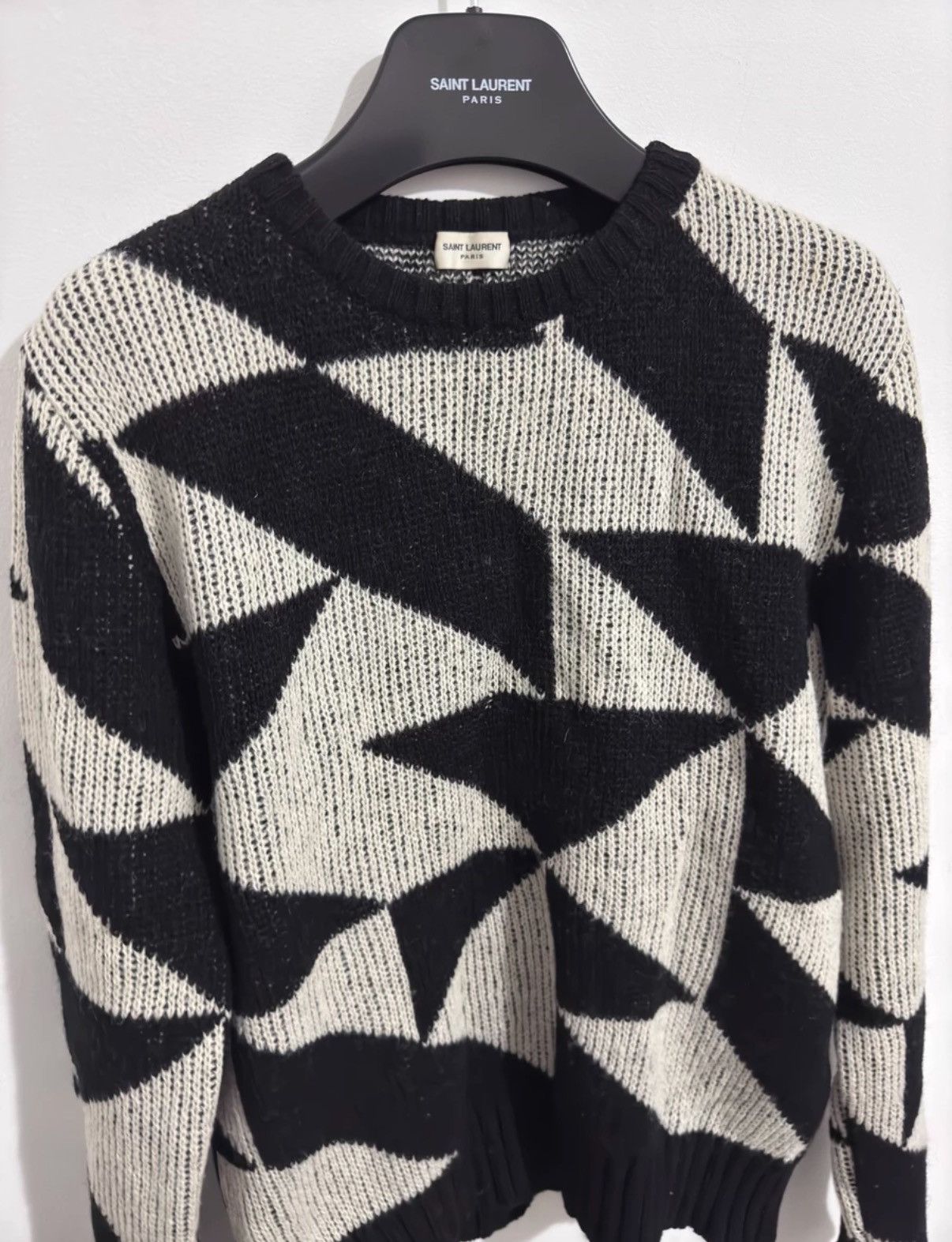 Saint Laurent Paris Saint Laurent Black/White Wool Geometric Triangle Sweater Size US M / EU 48-50 / 2 - 3 Thumbnail