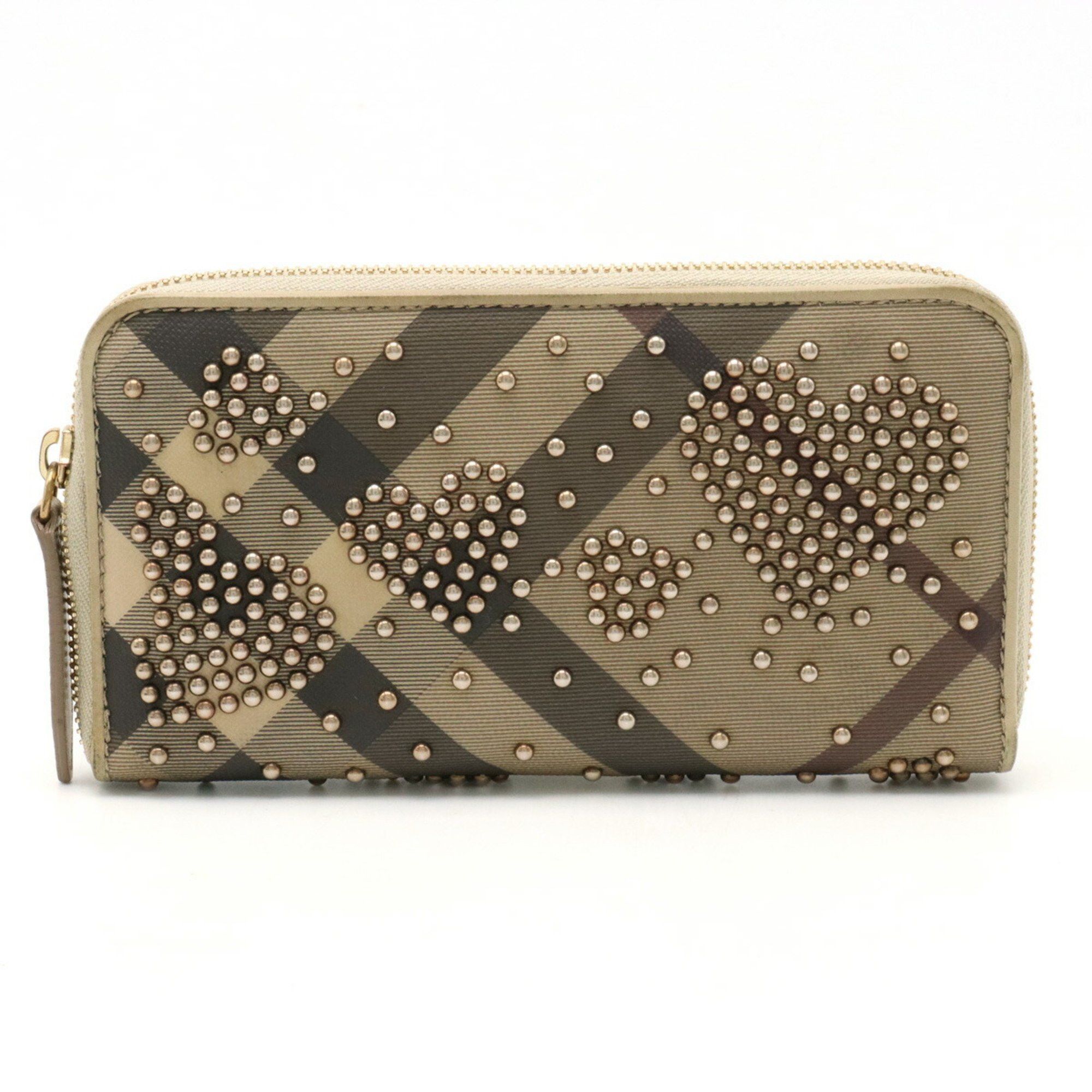 image of Burberry Heart Studs Plaid Round Long Wallet Pvc Leather Beige Multicolor, Women's