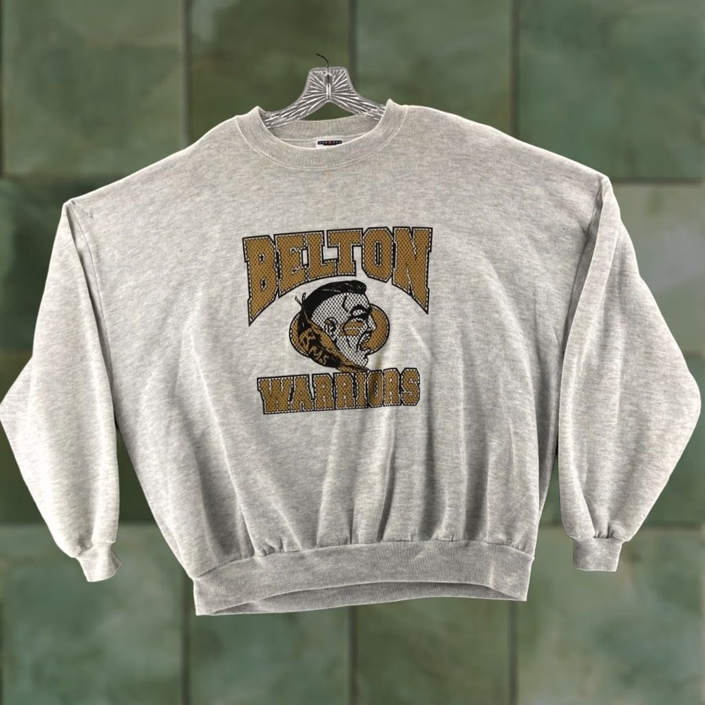 Jerzees VINTAGE Belton Warriors Sweater Jerzees Mens 3x USA Made Cotton Blend Fleece Crew Neck White 90s Warrior Mens Size US XXL / EU 58 / 5 - 1 Thumbnail