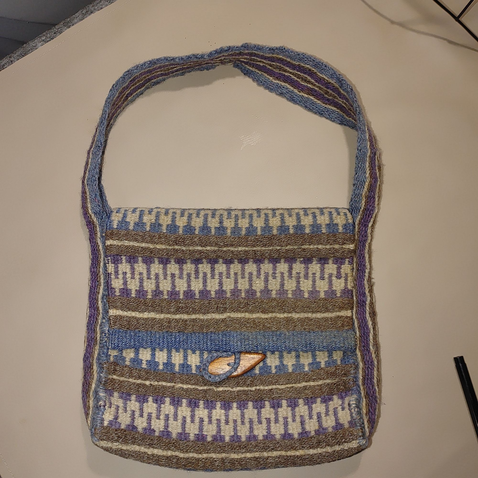Other Handwoven Wool Shoulder Bag Blue White Brown Stripes Wood Bu Size ONE SIZE - 8 Thumbnail