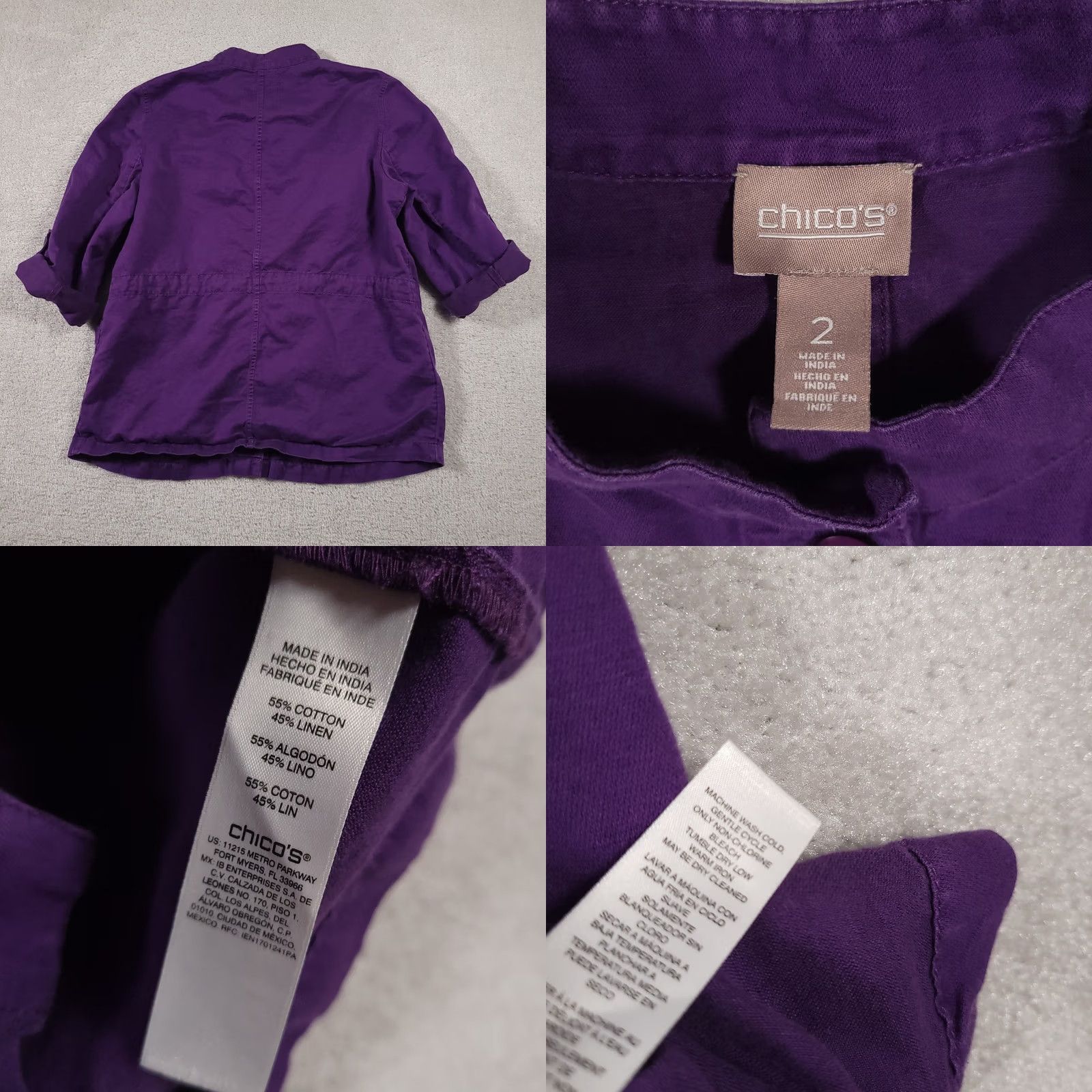 Vintage Chico's Jacket Women's L Purple Linen Blend Button Up Roll-Tab Sleeve Cinch Casual Travel Regular Mens Womens Size L / US 10 / IT 46 - 9 Thumbnail