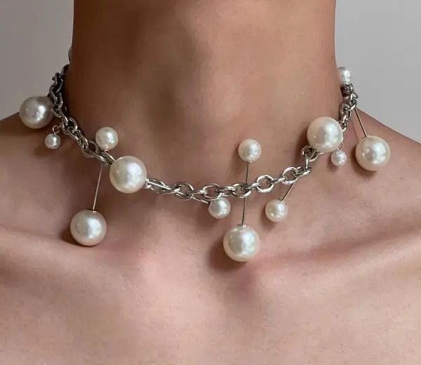 Jewelry Silver Chain Pearl Accent Choker Necklace, Statement Jewelry Size ONE SIZE - 1 Thumbnail