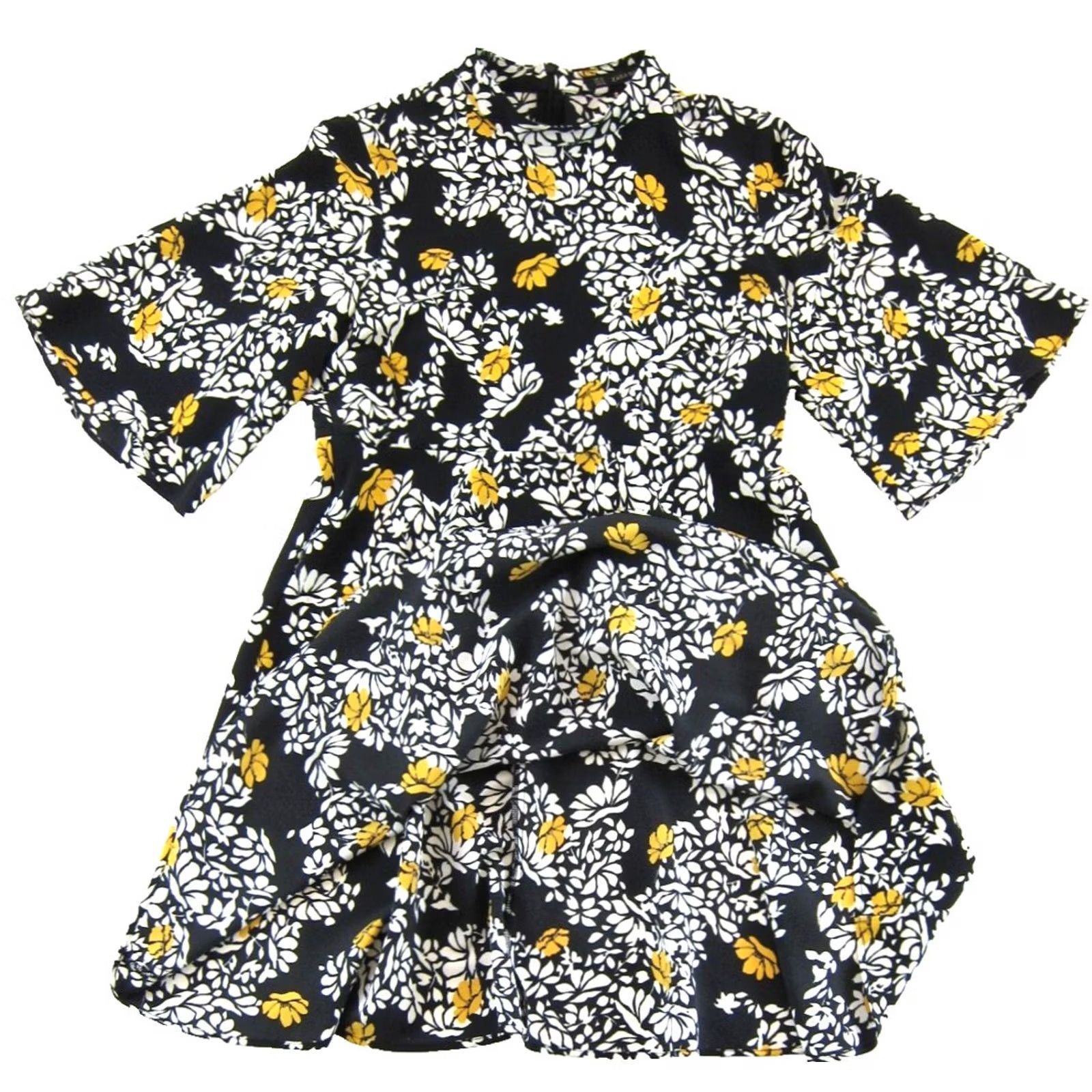 Zara ZARA BASIC Black White Yellow Floral High Neck Short Sleeve Empire Waist Dress M Size 32" / US 10 / IT 46 - 5 Thumbnail