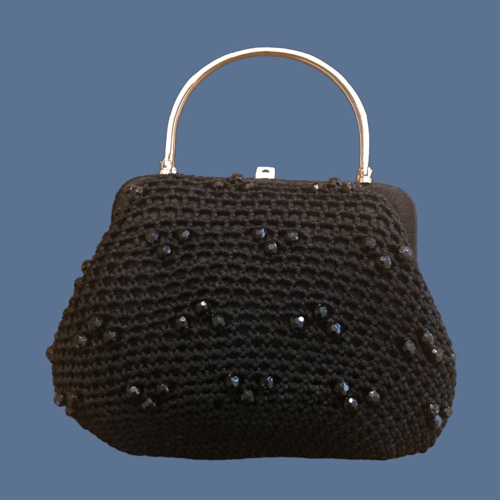 Vintage VINTAGE Evening Bag Crochet with Black Beads & Silver-Tone Handles Puffy Women Small Black Size ONE SIZE - 1 Thumbnail