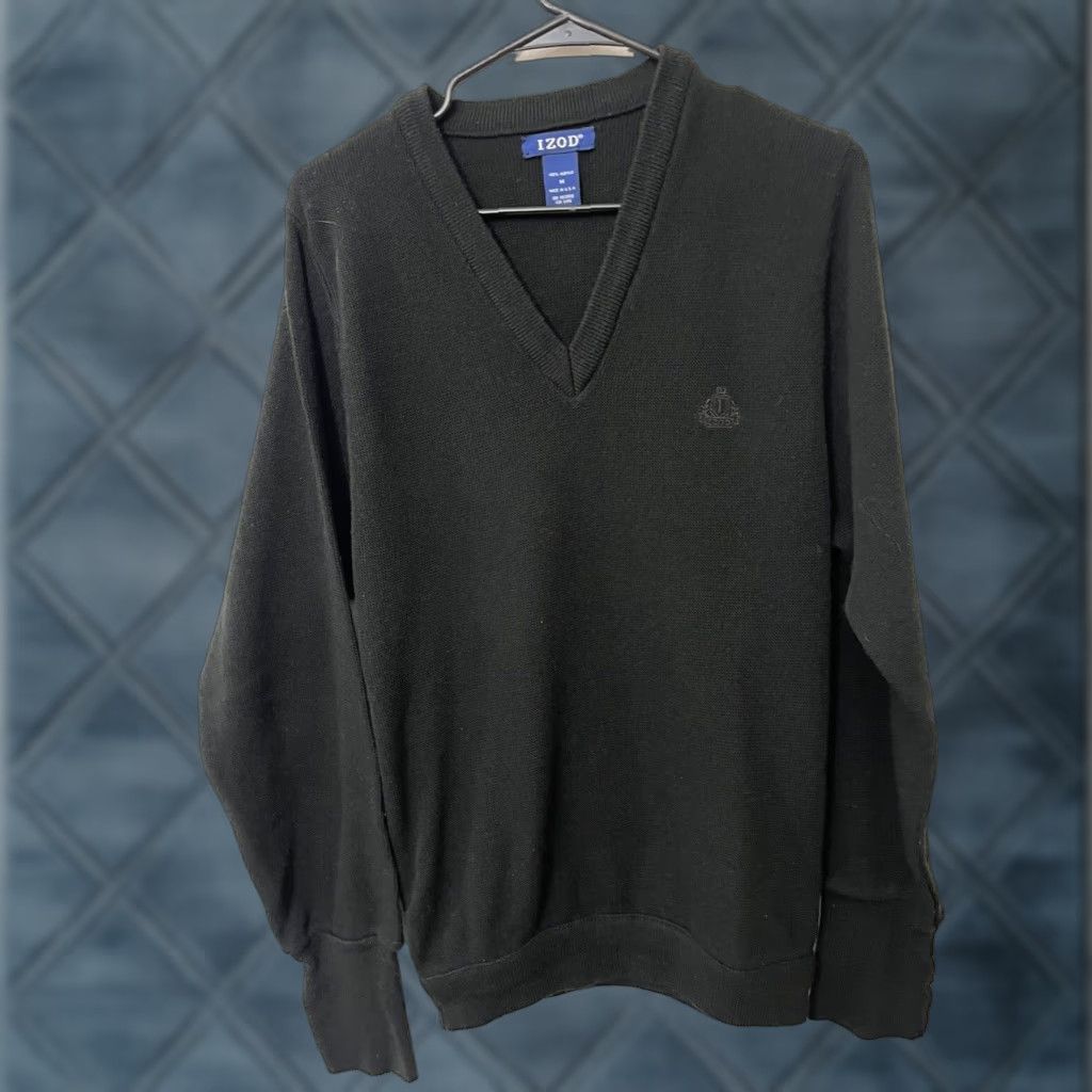 Izod VINTAGE IZOD Sweater Shirt Mens V-Neck Pullover Knit Black M Size Regular Knit Cotton All Seasons 80s-90s Golf Mens Size US M / EU 48-50 / 2 - 1 Thumbnail