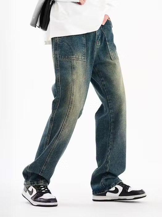 image of Distressed Denim Straight Tube Dark Blue Trendy Loose Fitting Jeans, Men's (Size 32)