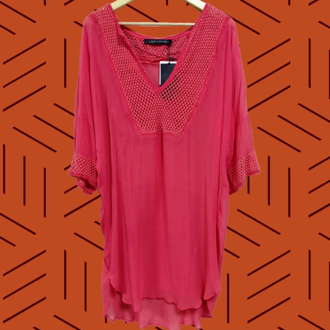 Zara VINTAGE? (No) Zara Woman Pink Tunic Top Solid Polyester 3/4 Sleeve M Women V-Neck Crochet A-Line Knee Length Casual Shirt Size M / US 6-8 / IT 42-44 - 1 Thumbnail