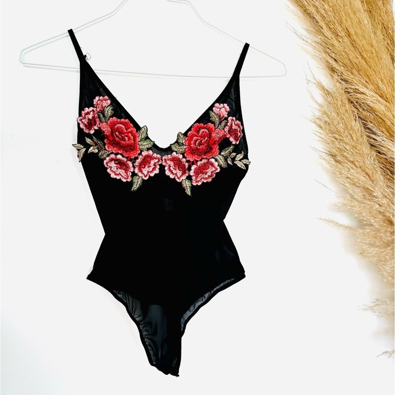 Lfdy Lf Seek Black Mesh Pink Red Floral Sheer Bodysuit Tank Top, Women's (Size Small)