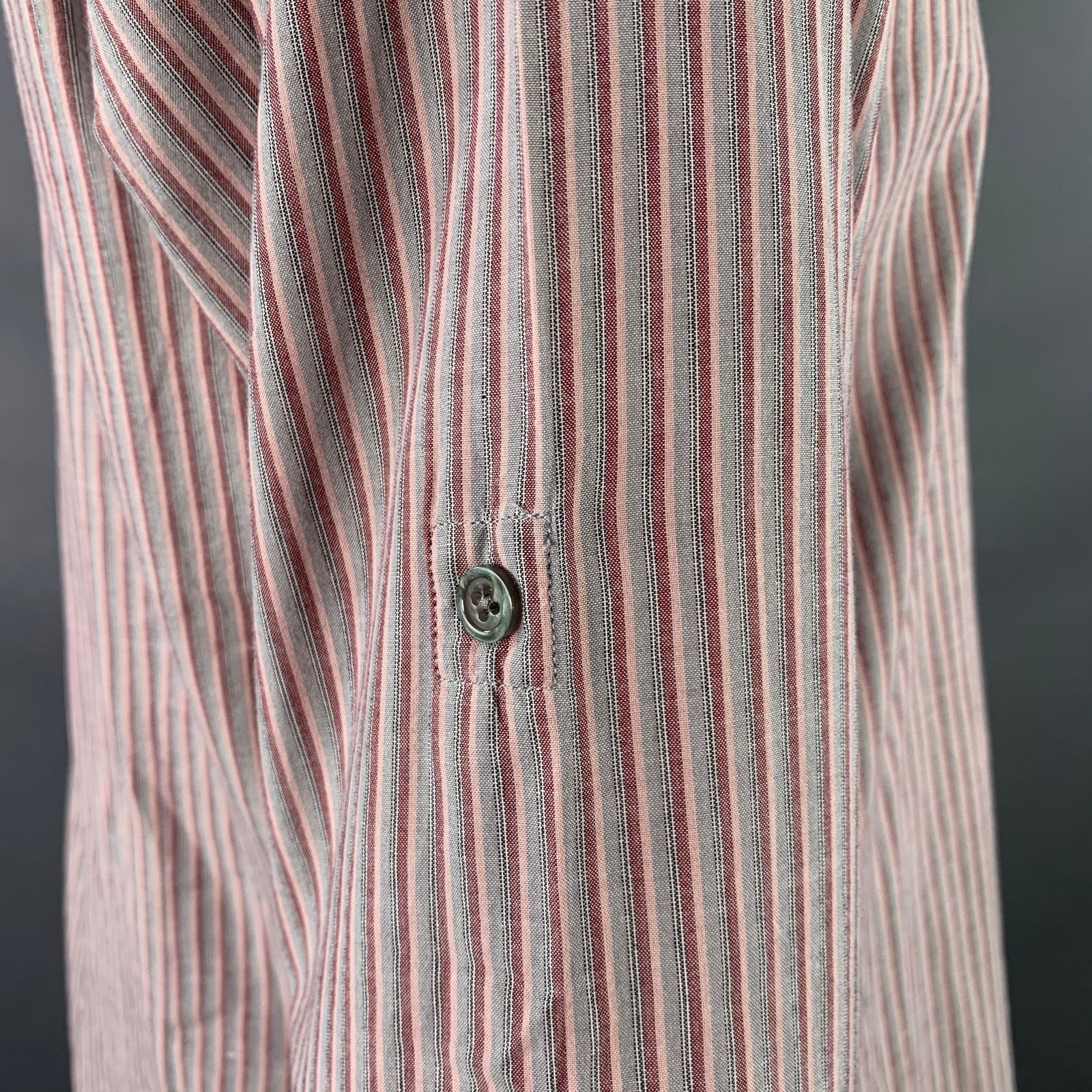 Size L Grey Pink Stripe Cotton Roll Tab Long Sleeve Shirt